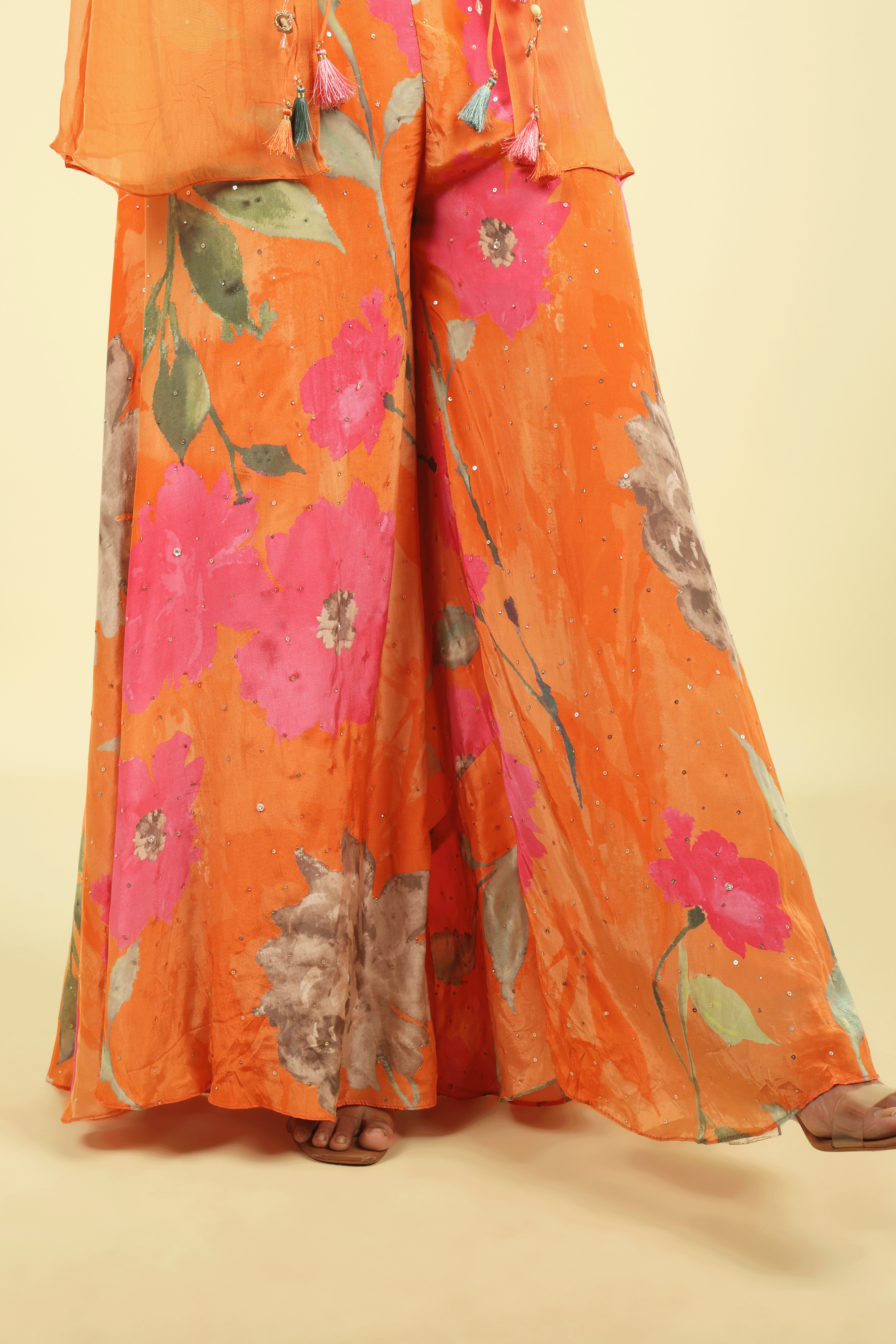 Orange Multi-Colour Printed Crepe Palazzo Set with Organza Jacket - Mokshaa