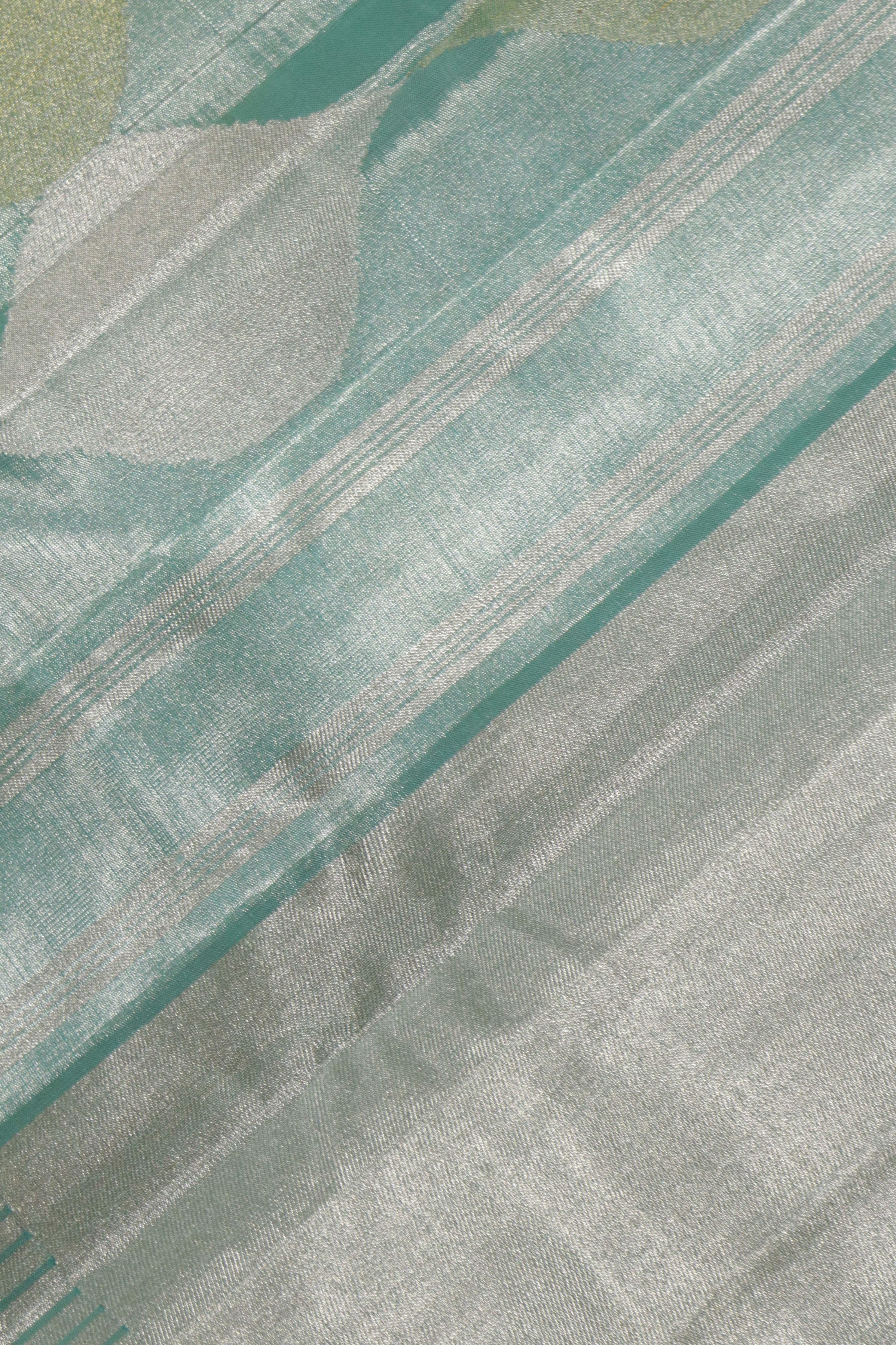 Ice Blue Kanchipuram Tissue Saree with Silver & Gold Jaal Motifs and Self Zari Border - Mokshaa