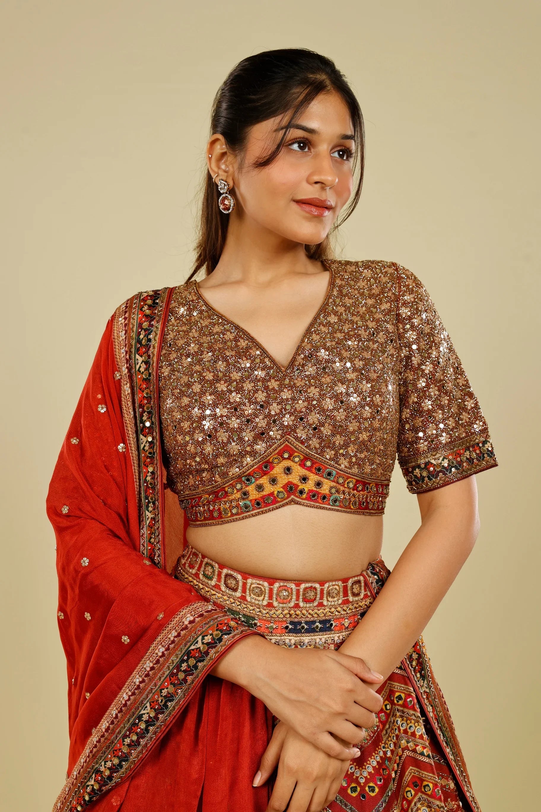 Rust Printed Silk Lehenga Set with Sequin & Kutdana Embroidery - Mokshaa