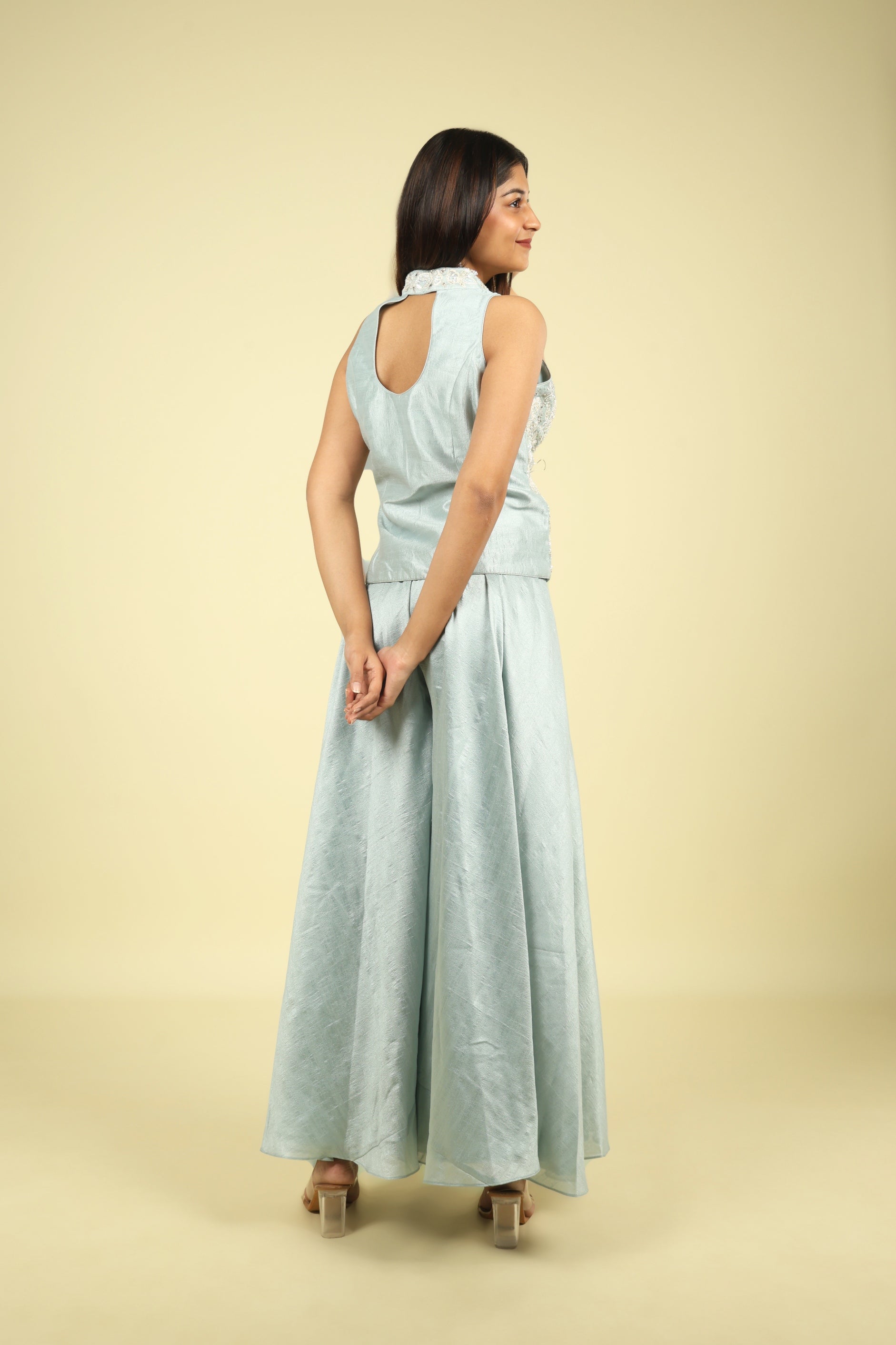 Blue Embroidered Silk Top With Palazzo - Mokshaa