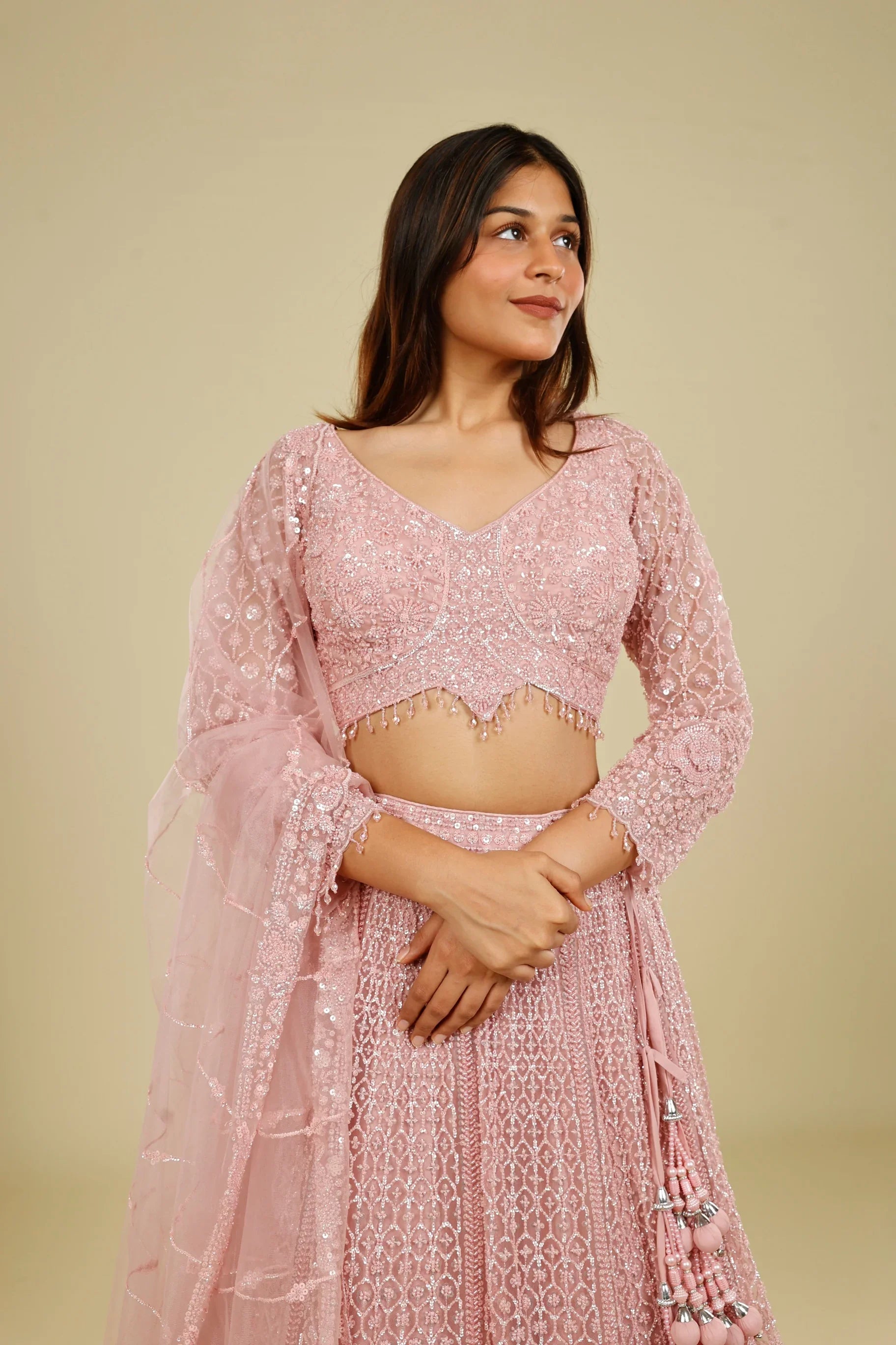 Blush Pink Net Lehenga Set with Pearl, Sequin & Cutdana Embroidery - Mokshaa