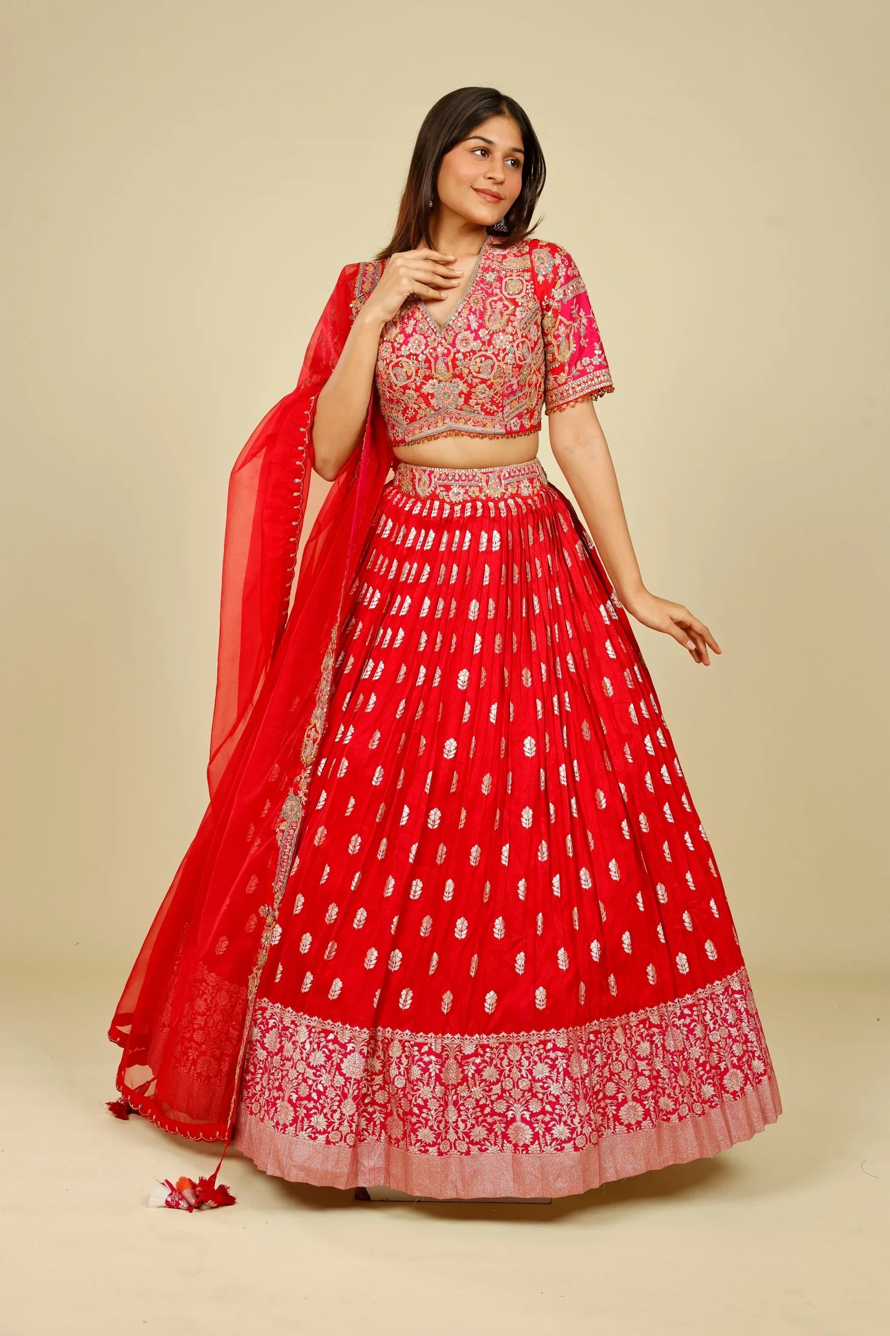 Red & Pink Banarasi Silk Lehenga Set with Zari & Sequin Embroidery - Mokshaa