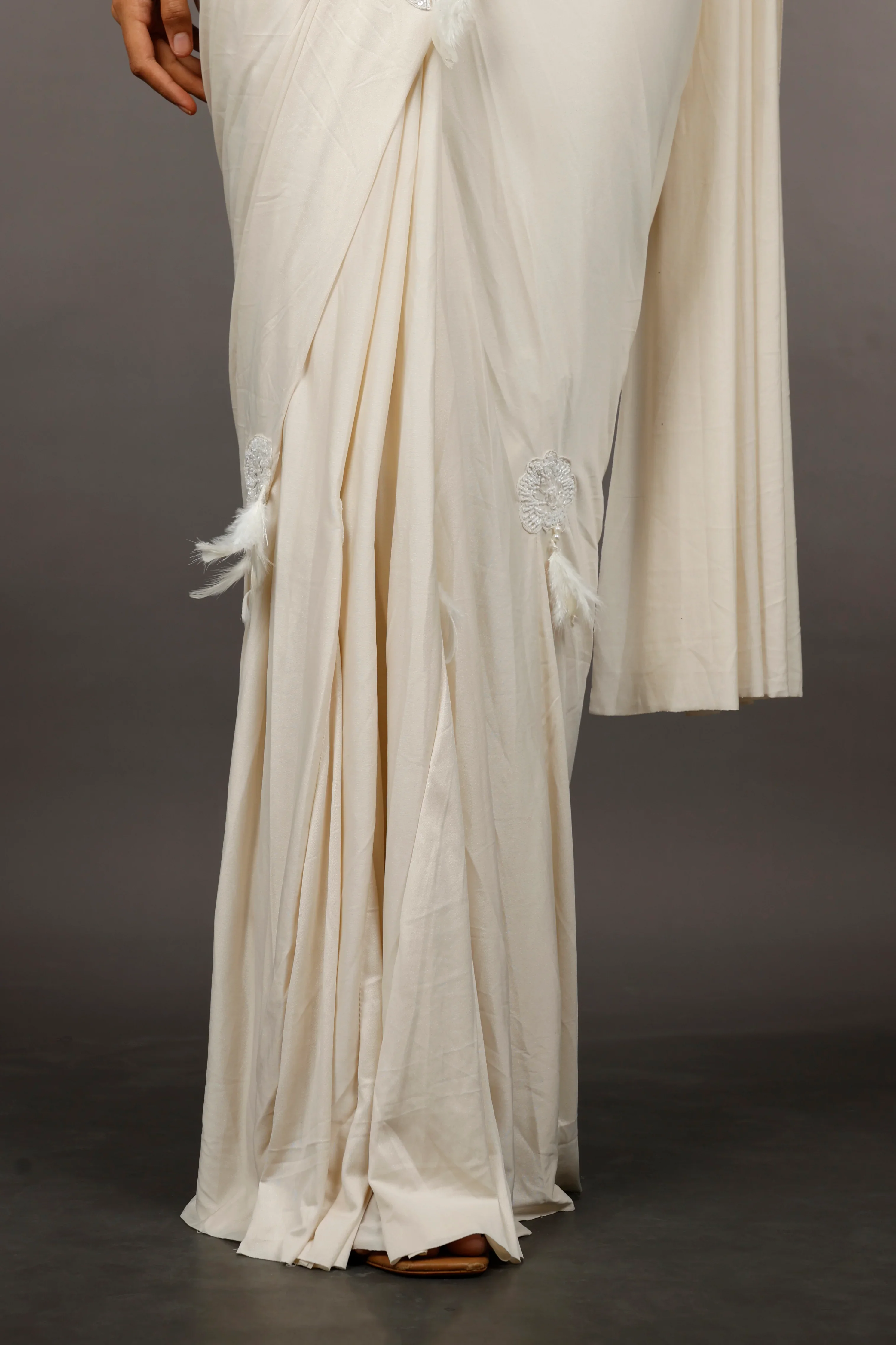 Ivory Lycra Silk Drape Saree with Feather and Pearl Embroidery - Mokshaa
