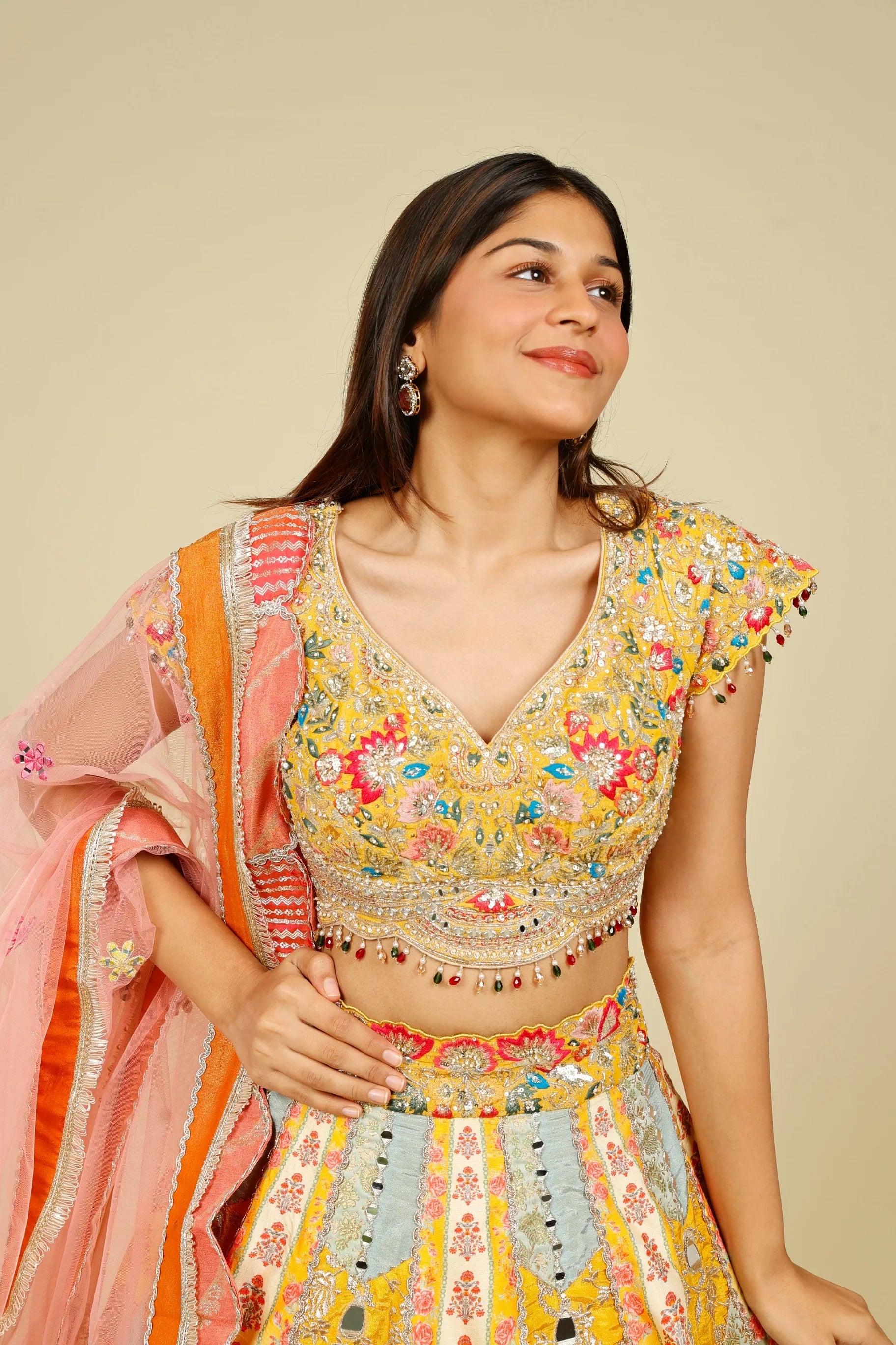 Multicolour Printed Silk Patchwork Lehenga Set with Mirror & Zari Embroidery - Mokshaa