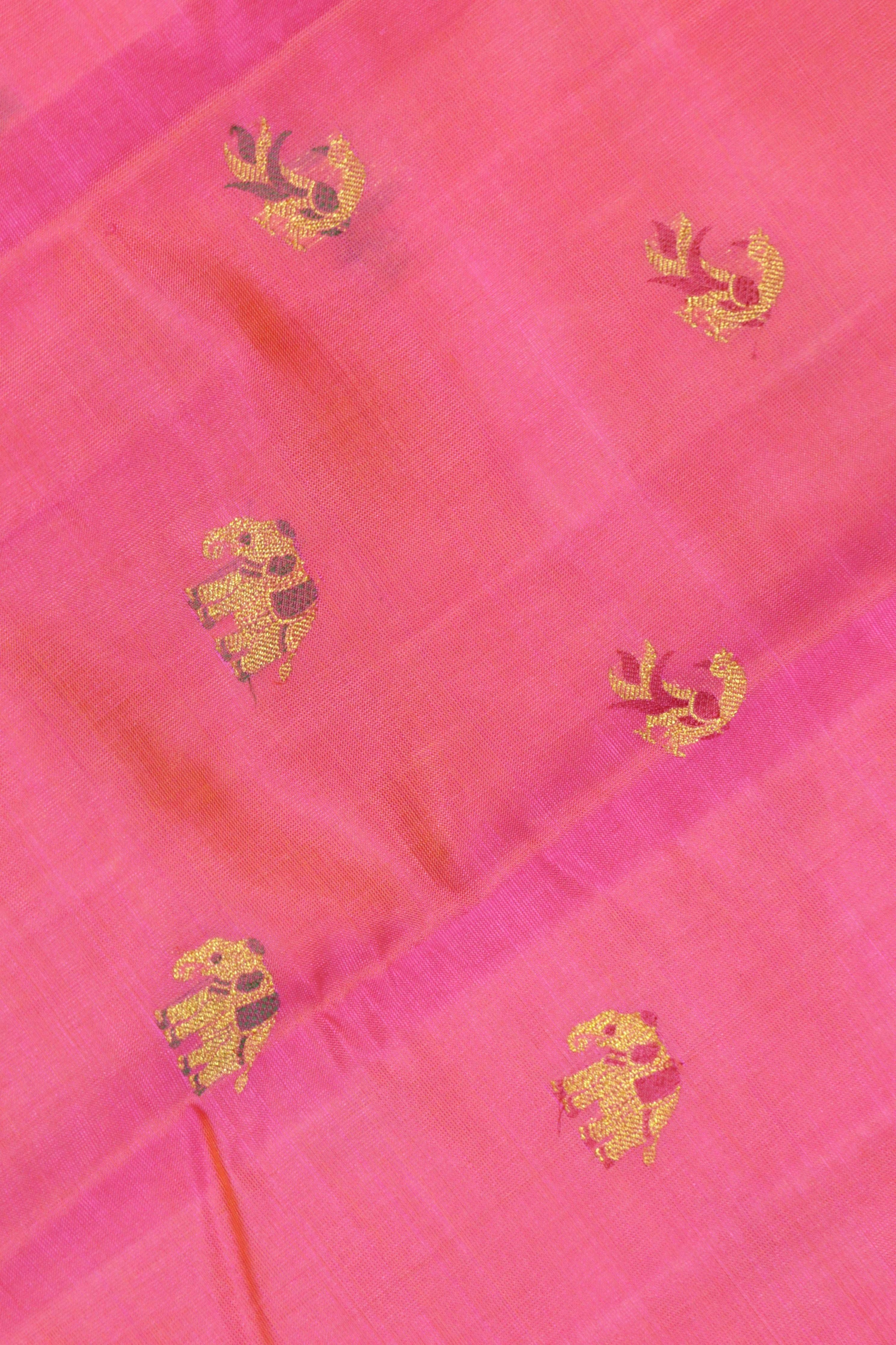Shaded Pink Kanchipuram Silk Saree with Peacock & Elephant Motifs and Fancy Border - Mokshaa
