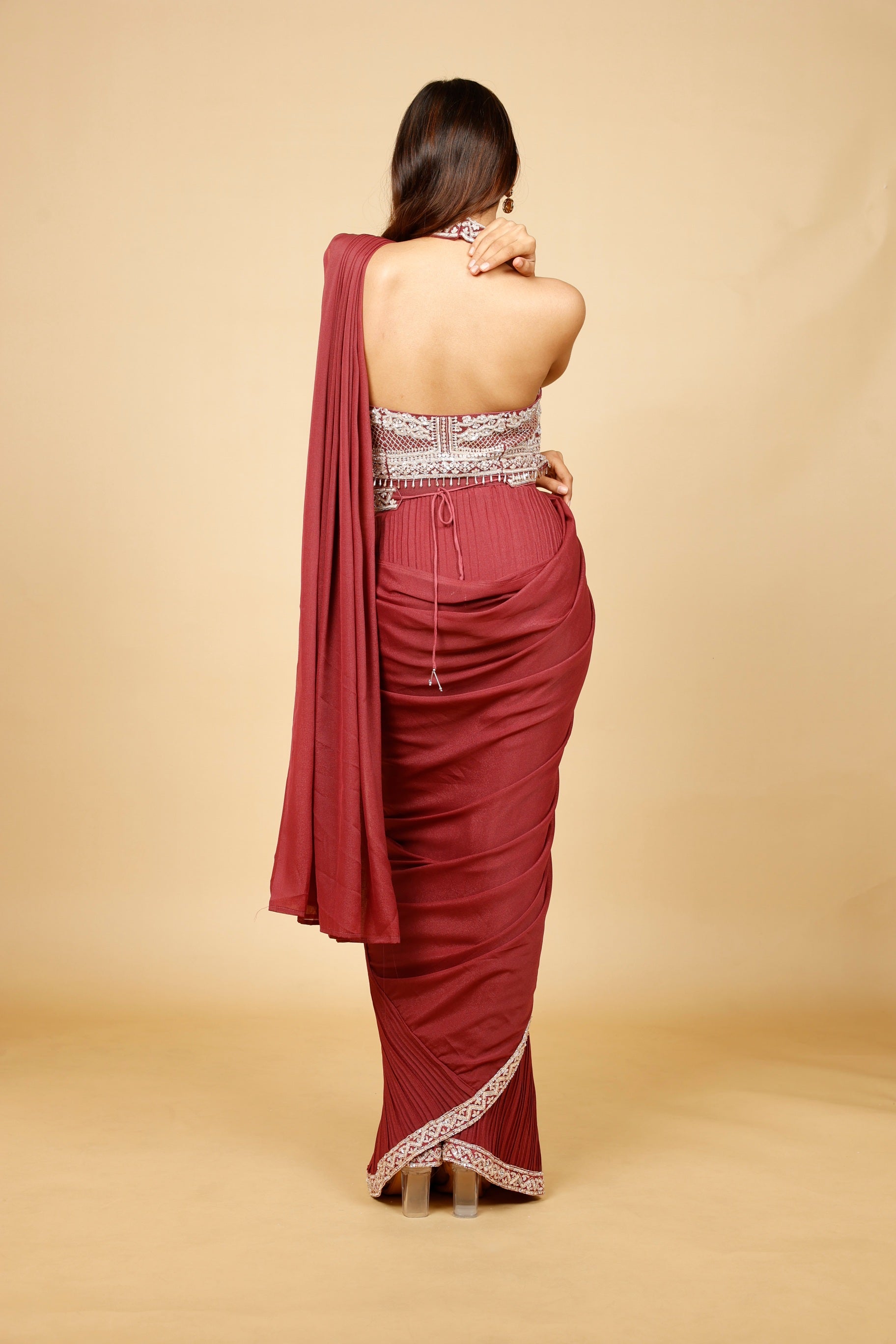 Maroon Embellished Drape Saree Set with Halter Neck Blouse & Pearl Detailing - Mokshaa