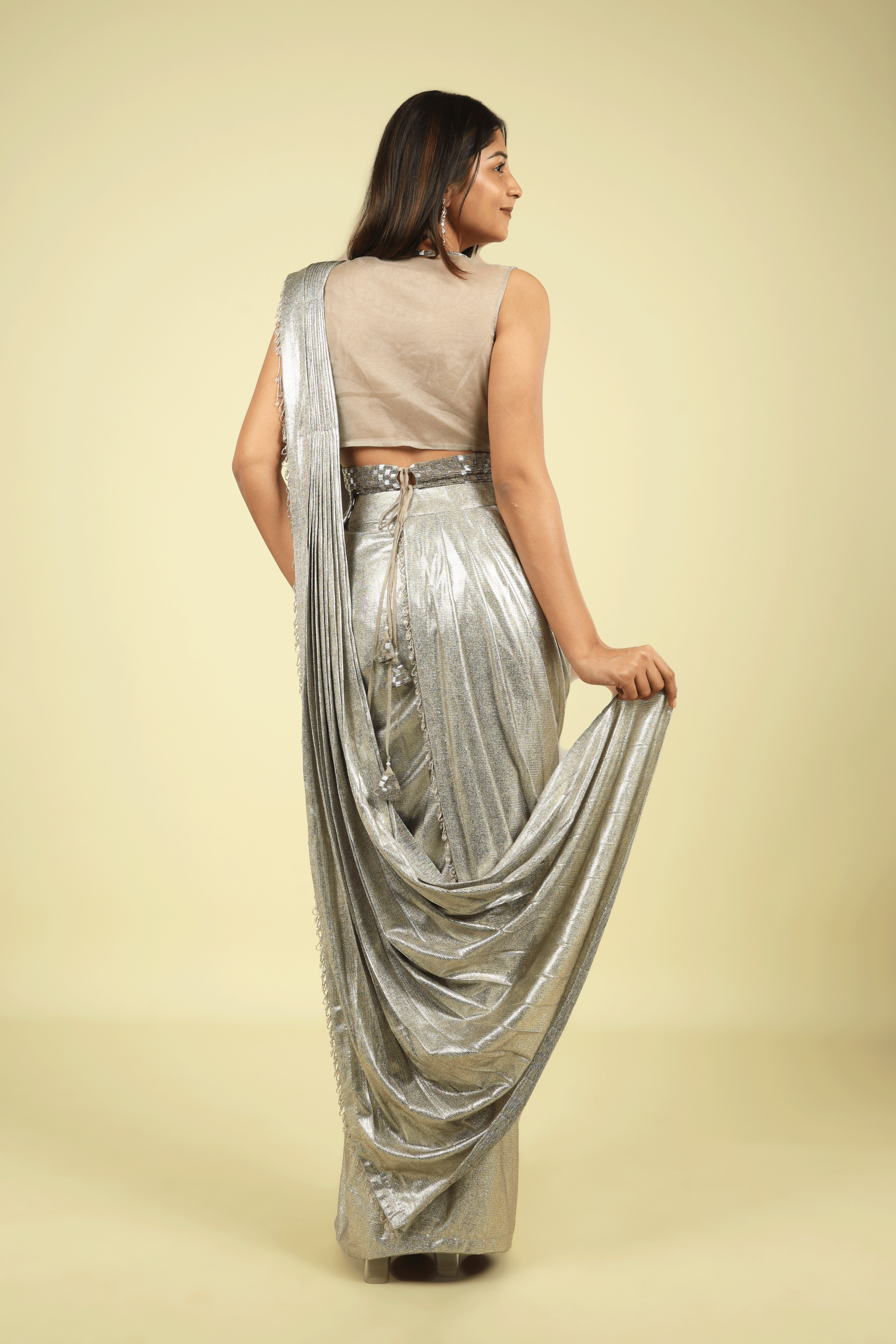 Silver Shimmer Drape Saree Set - Mokshaa