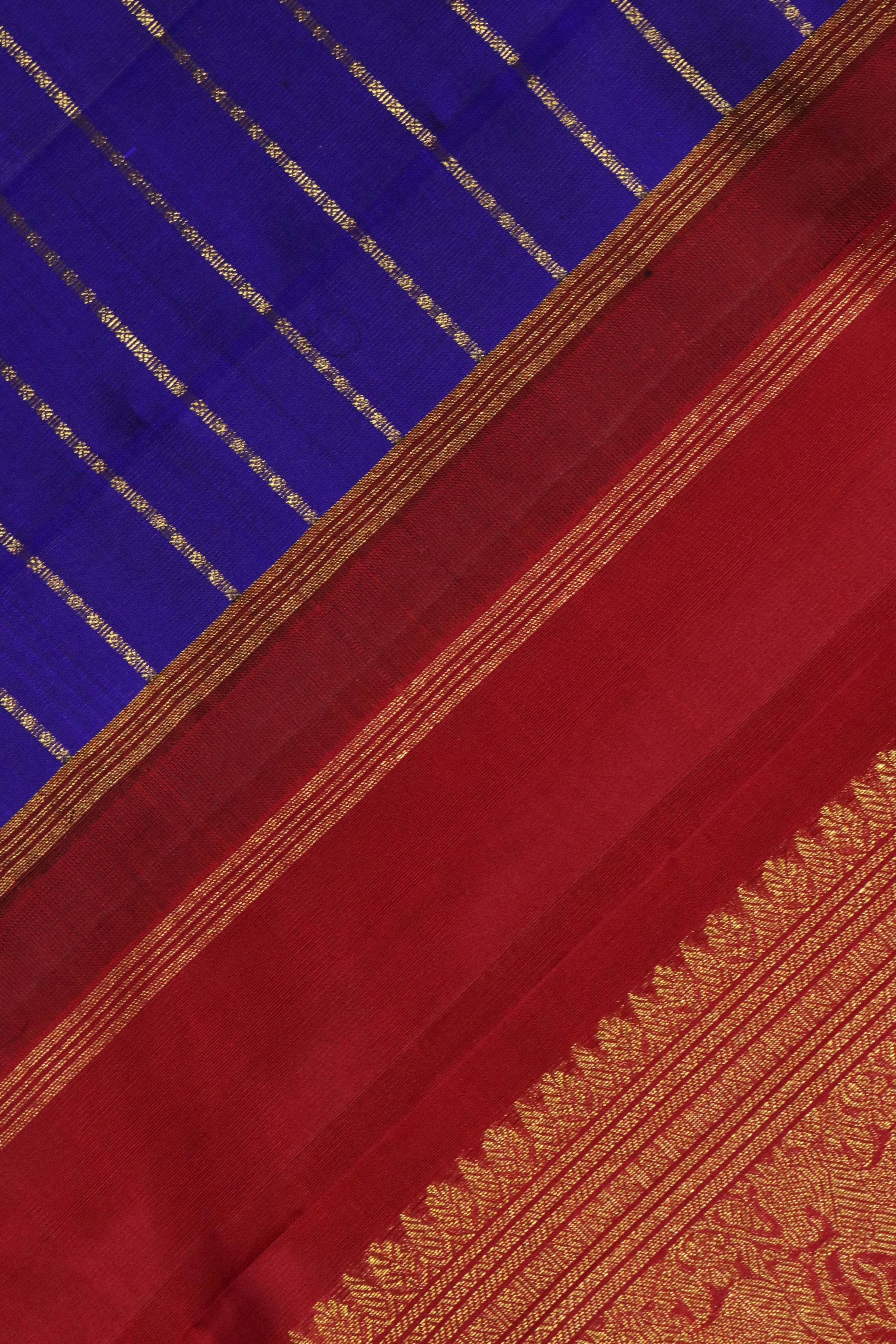 Royal Blue Kanchipuram Silk Saree with Zari Stripes and Contrast Border - Mokshaa