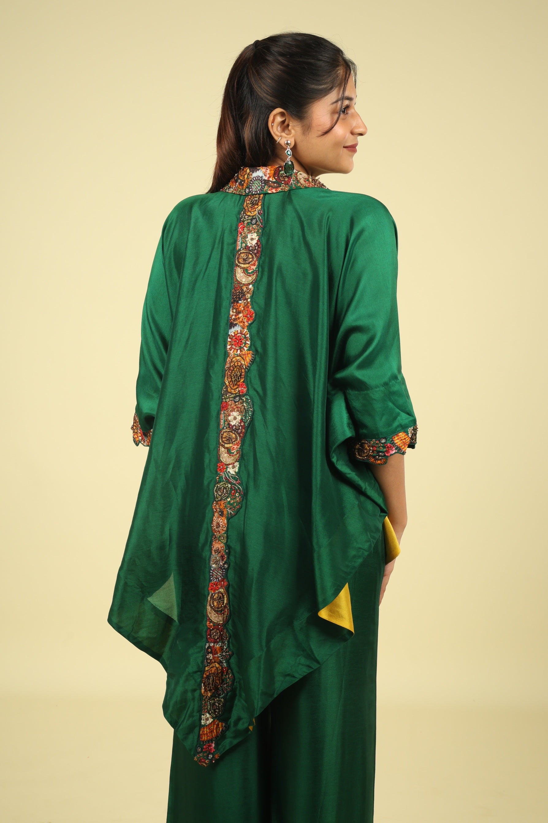 Green Silk Co-Ord Set with Placement Print & Metallic Embroidery - Mokshaa