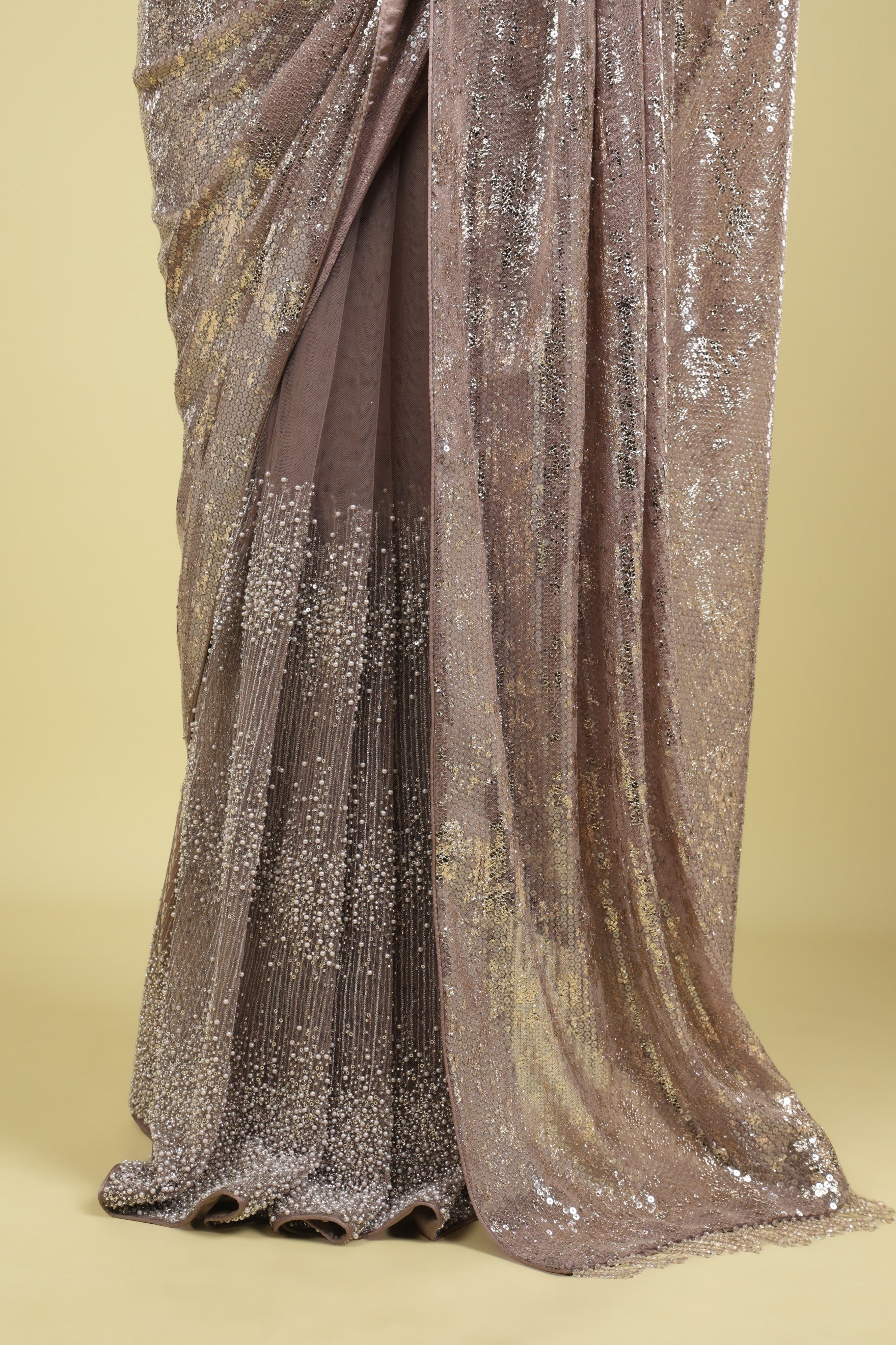 Lavender Half-and-Half Georgette & Net Saree with Sequin, Bead & Pearl Work - Mokshaa