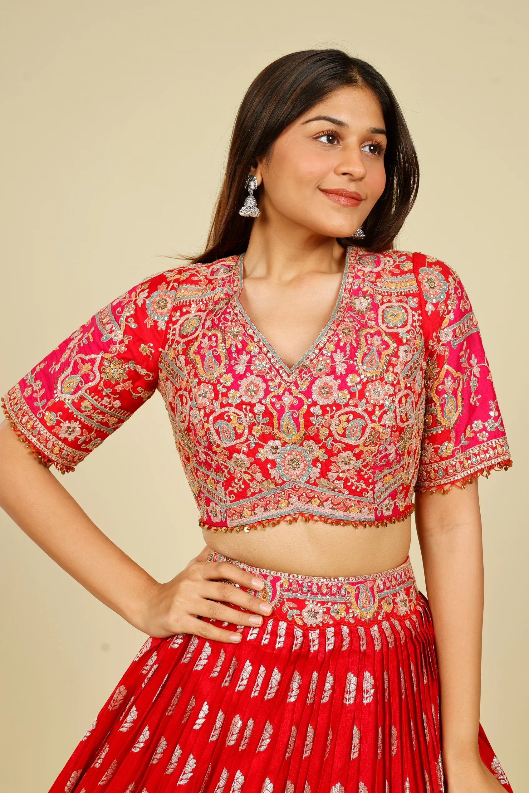 Red & Pink Banarasi Silk Lehenga Set with Zari & Sequin Embroidery - Mokshaa