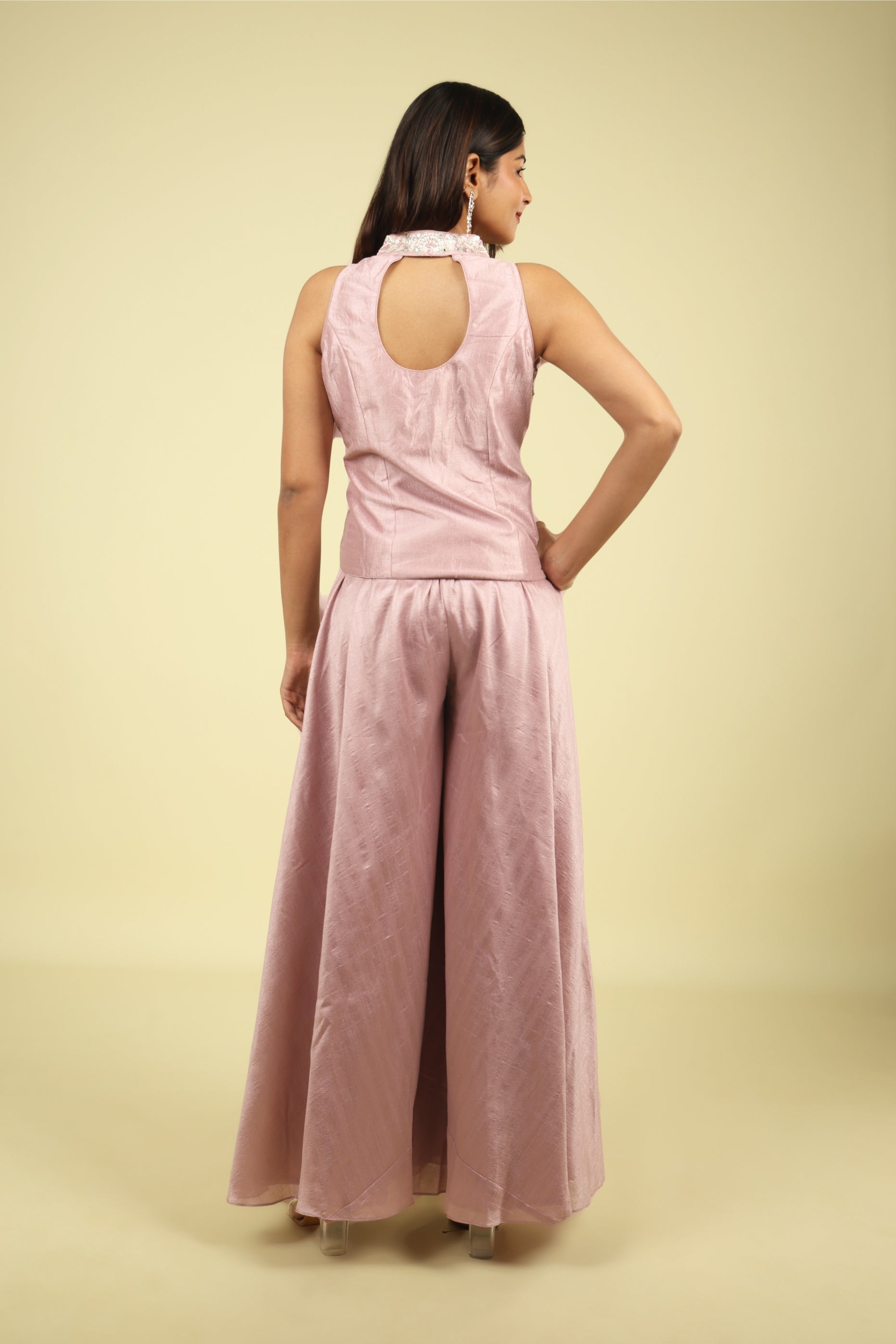 Pink Embroidered Silk Top With Palazzo - Mokshaa