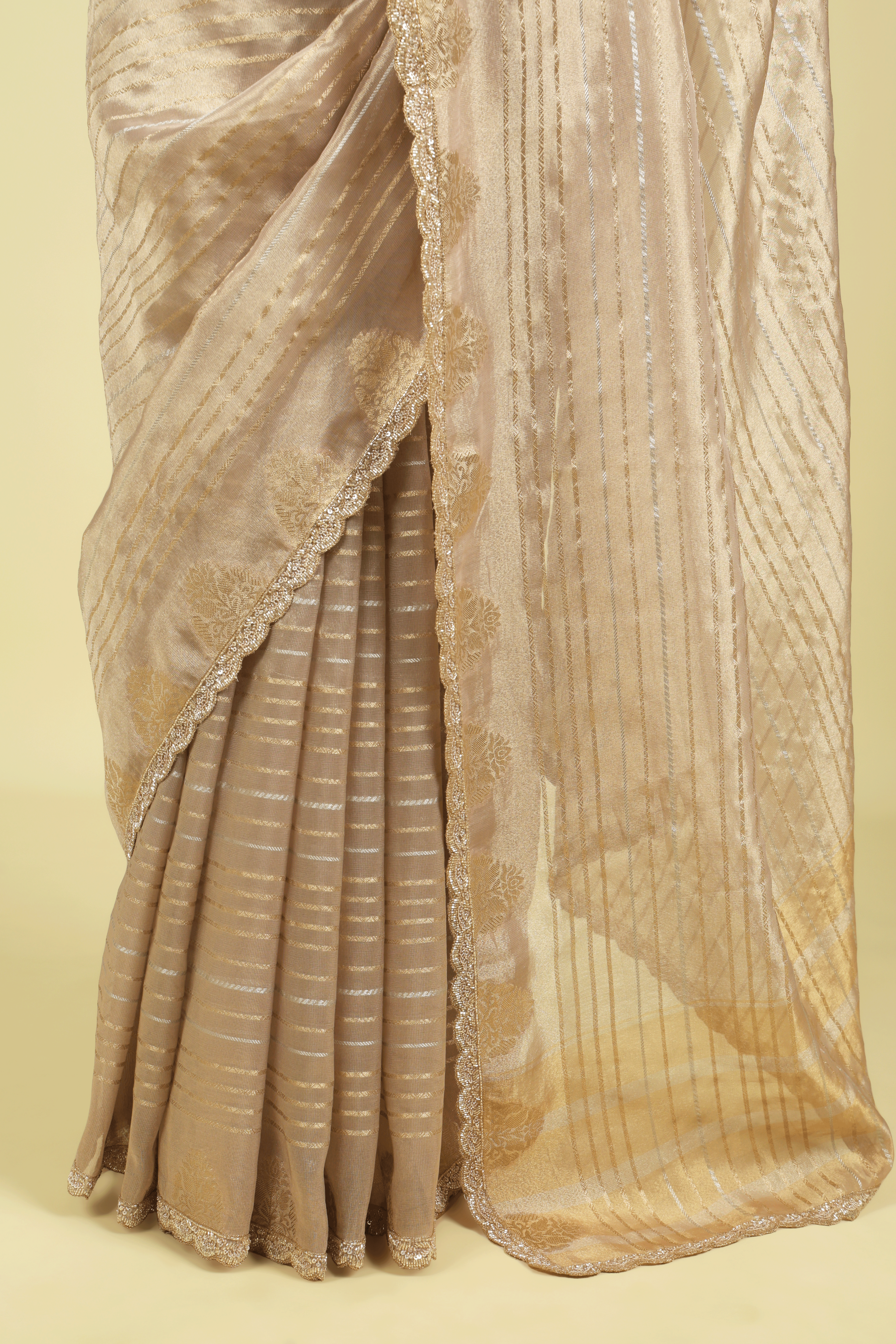 Rose Gold Tissue Saree with Gold & Silver Zari Stripes and Bead-Sequin Border - Mokshaa