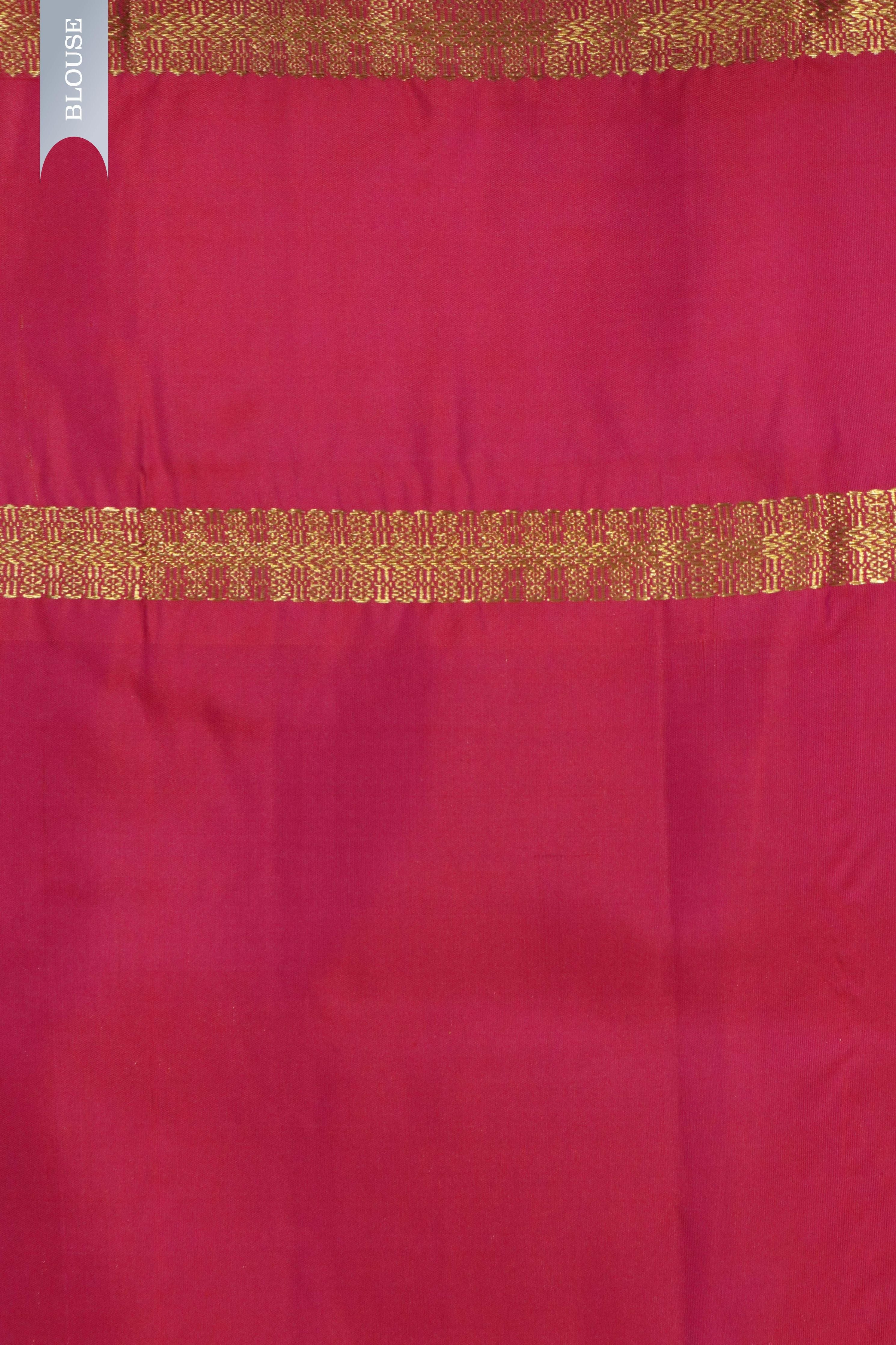 Magenta Kanchipuram Silk Saree with Gold Zari Motifs and Contrast Border - Mokshaa