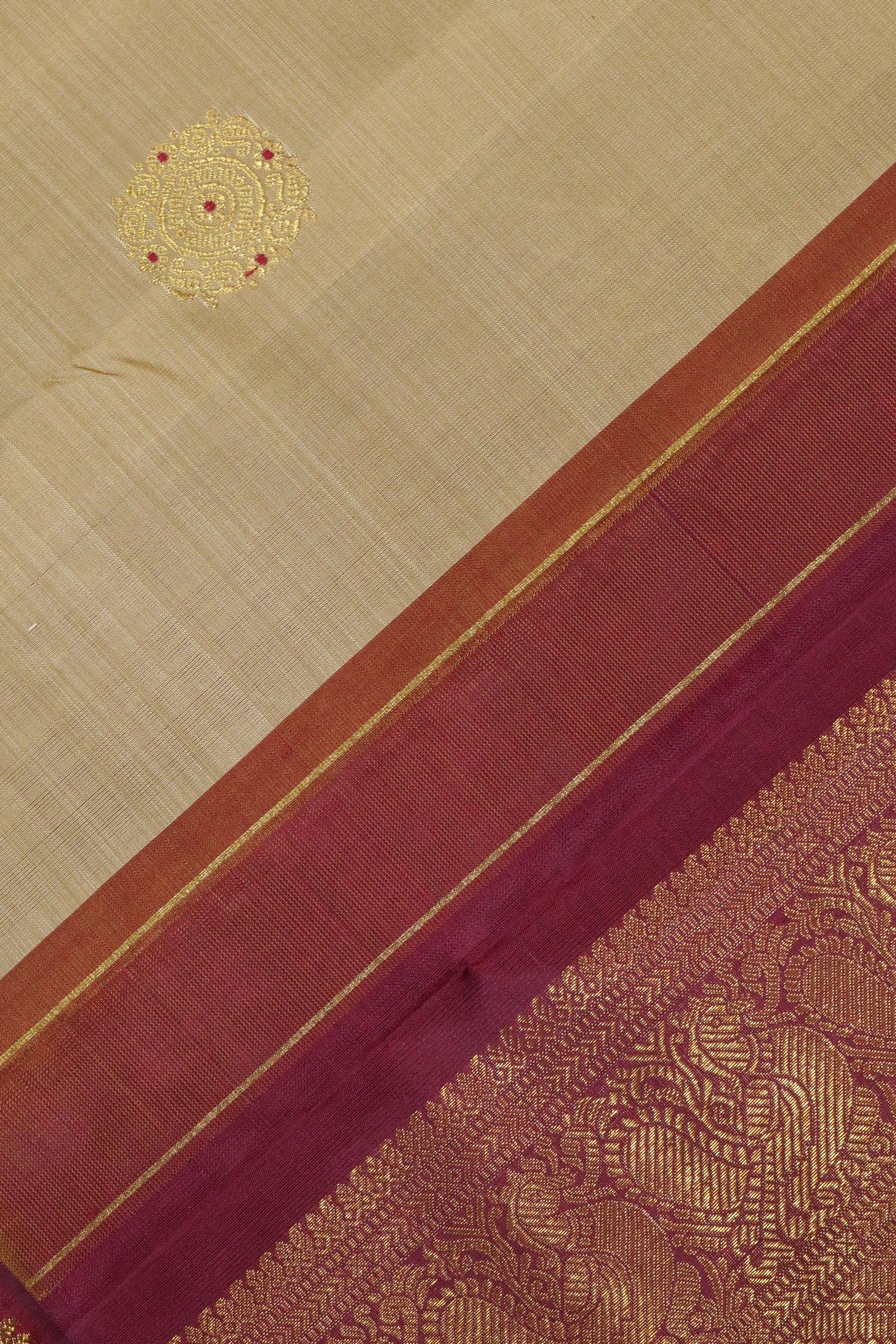 Beige Kanchipuram Silk Saree with Zari & Thread Motifs and Contrast Zari Border - Mokshaa