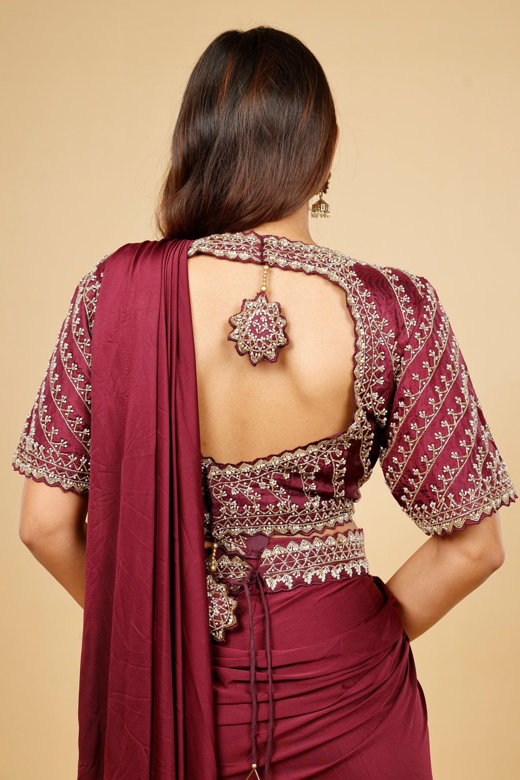 Maroon Satin Lycra Drape Saree with Pearl & Cutdana Embroidery - Mokshaa