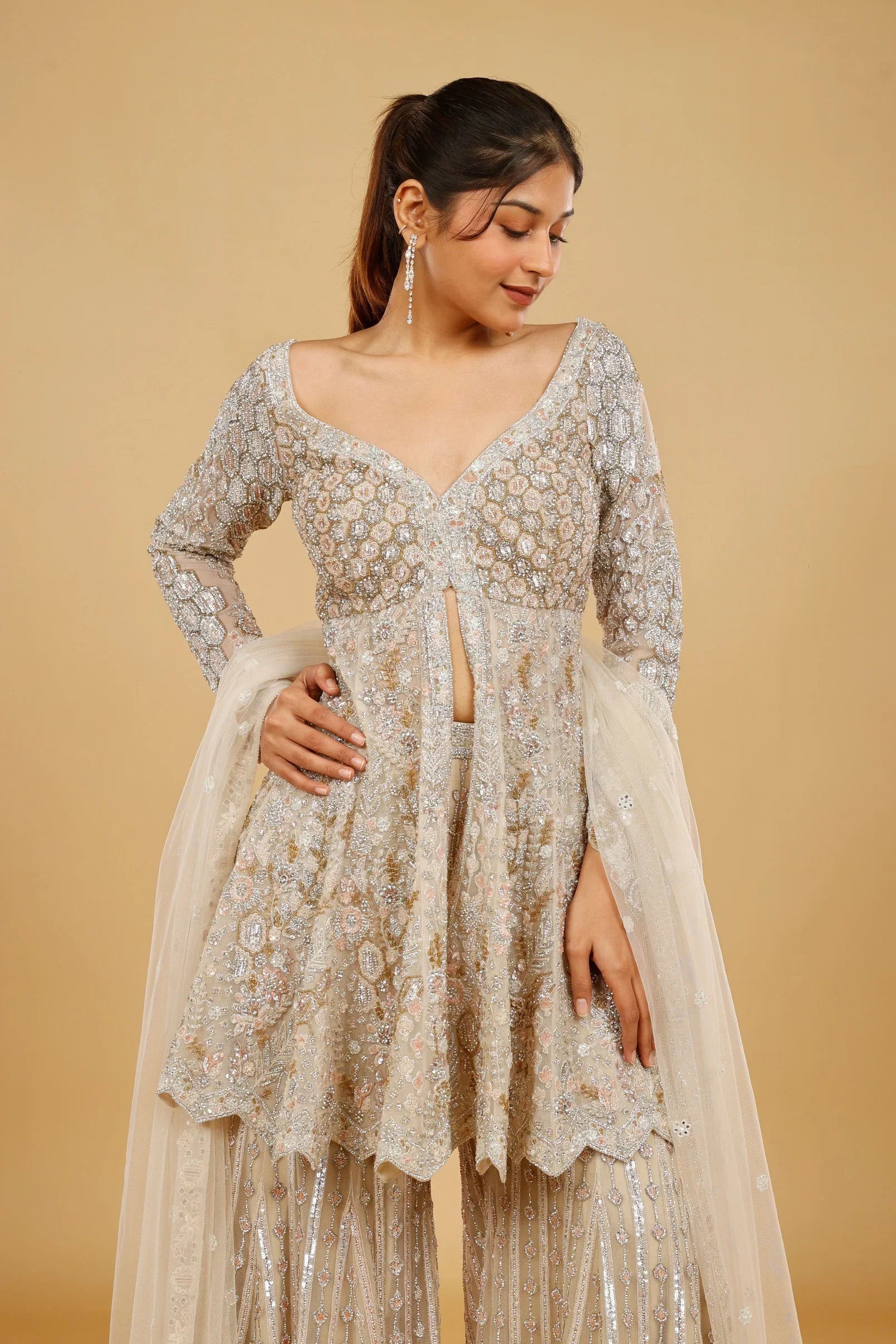 Ivory Net Sharara Set with Stone, Kundan & Sequin Embroidery - Mokshaa