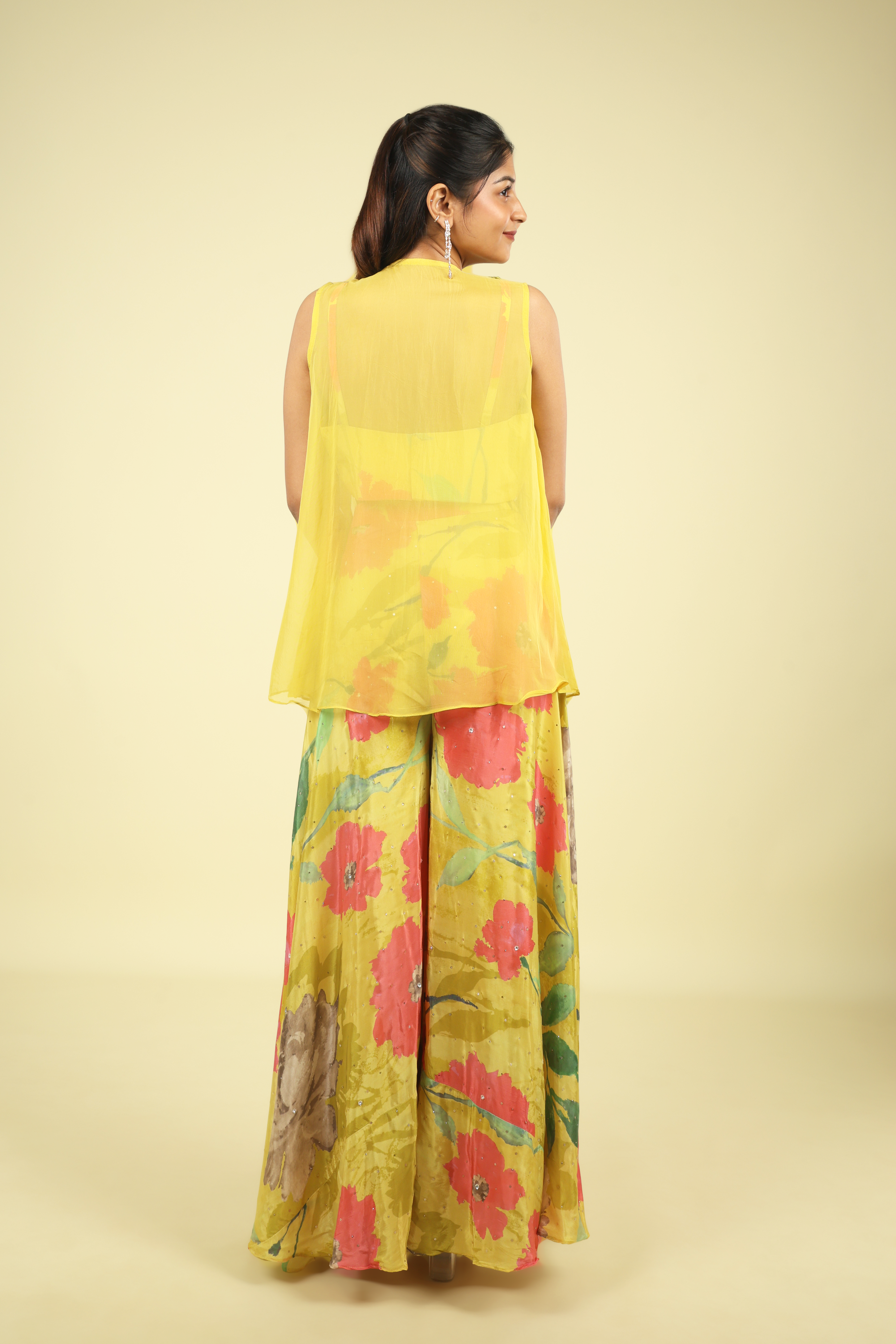 Yellow Printed Crepe Crop Top Palazzo Set - Mokshaa