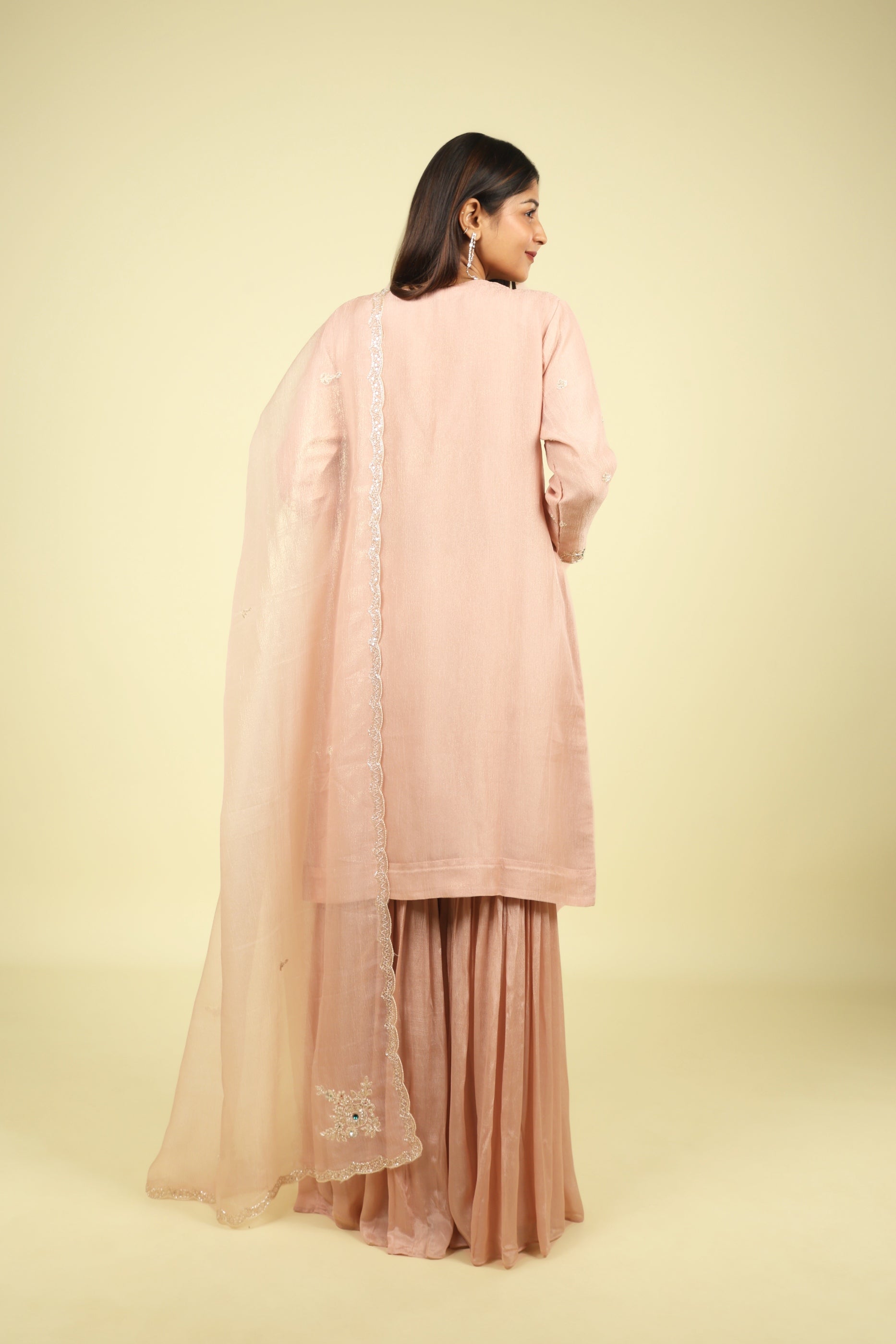 Blush Pink Crush Tissue Sharara Set with Pearl & Kutdana Embroidery - Mokshaa
