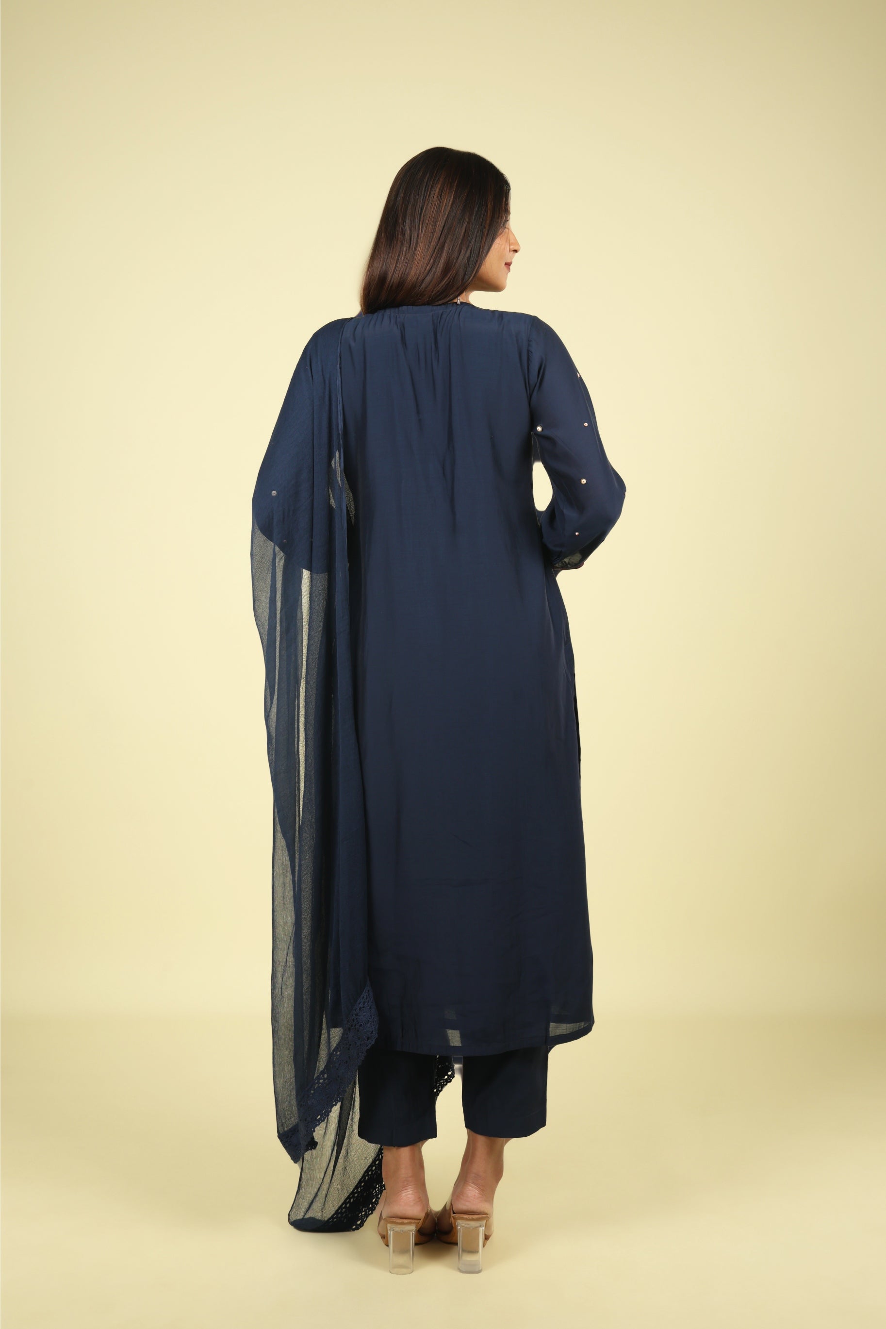 Navy Embroidered Mul Chanderi Salwar Suit - Mokshaa