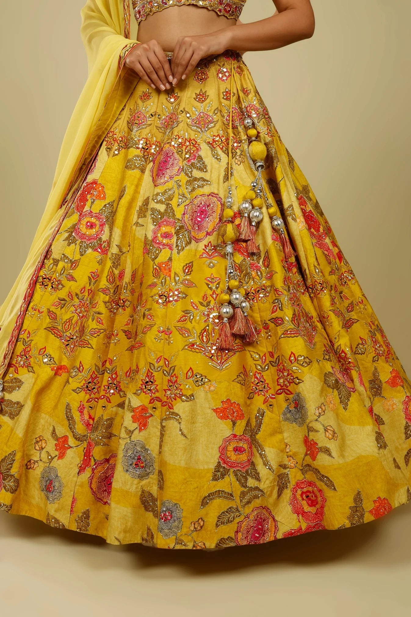 Yellow Silk Printed Lehenga Set with Thread, Mirror & Zari Embroidery - Mokshaa