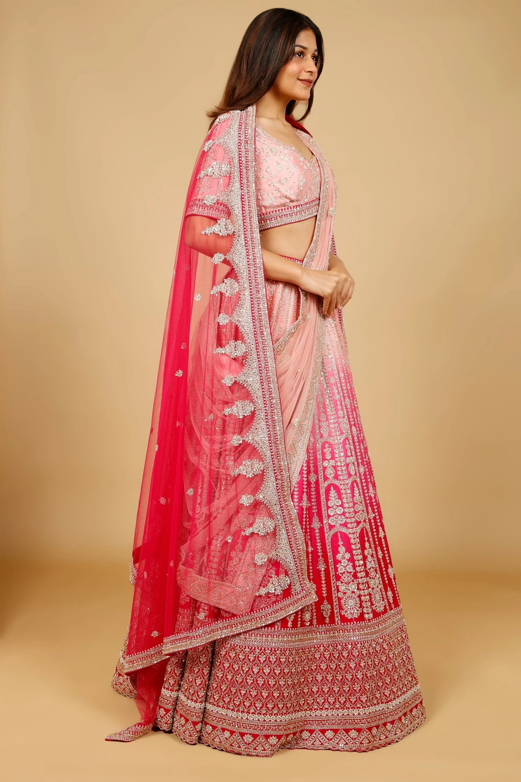 Pink Ombre Raw Silk Bridal Lehenga Set with Zari, Sequin & Zardozi Embroidery - Mokshaa
