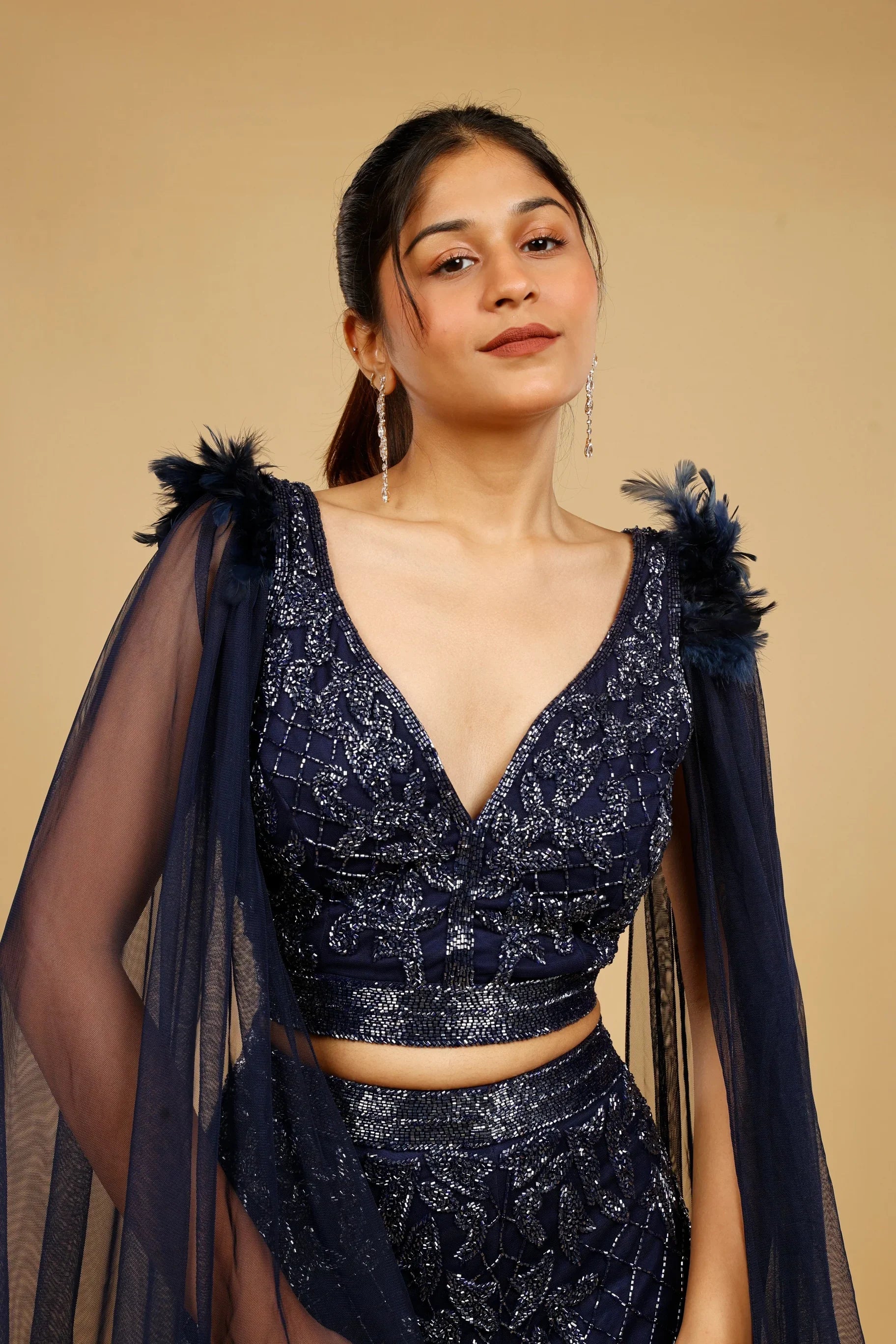 Navy Blue Net Mermaid Skirt Set with Cutdana Embroidery - Mokshaa