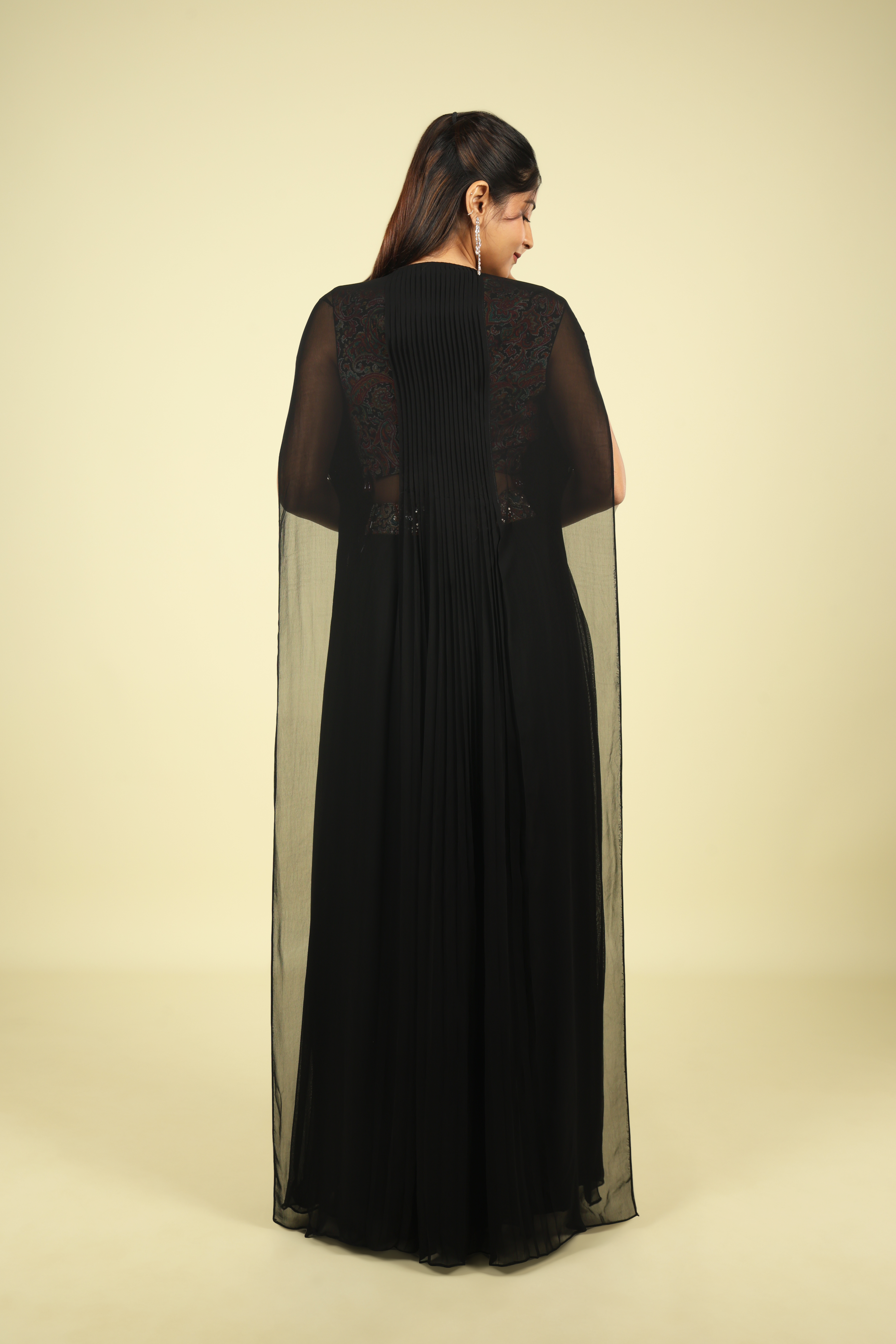 Black Georgette Crop Top Palazzo Set with Embroidered Cape - Mokshaa