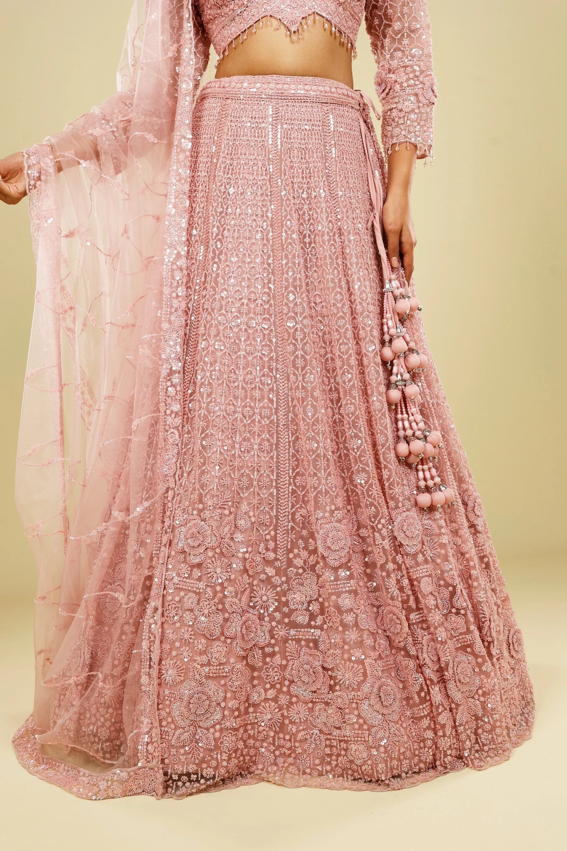Blush Pink Net Lehenga Set with Pearl, Sequin & Cutdana Embroidery - Mokshaa