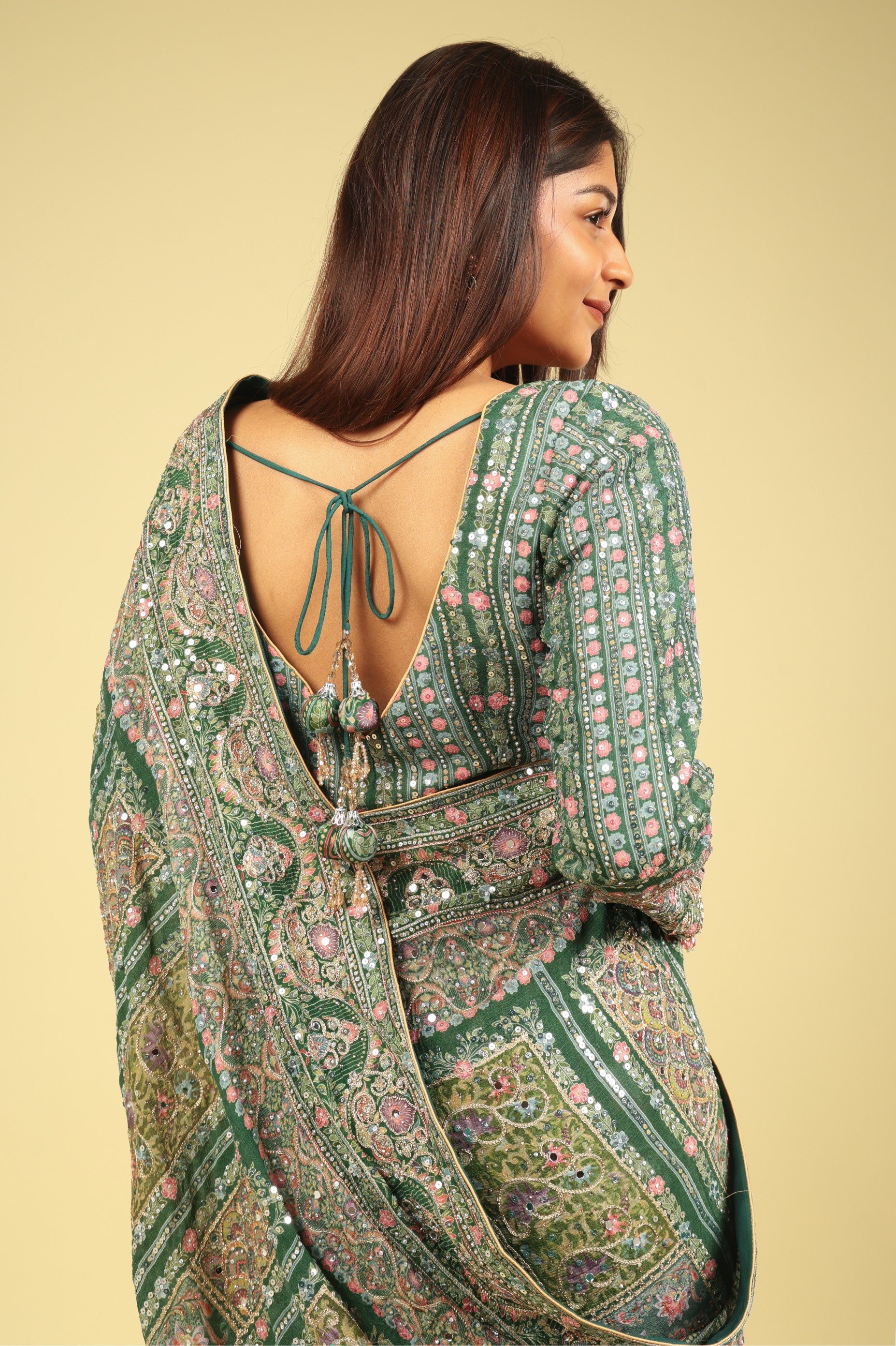 Emerald Green Soft Georgette Saree with Digital Print, Sequin & Mirror Highlights - Mokshaa