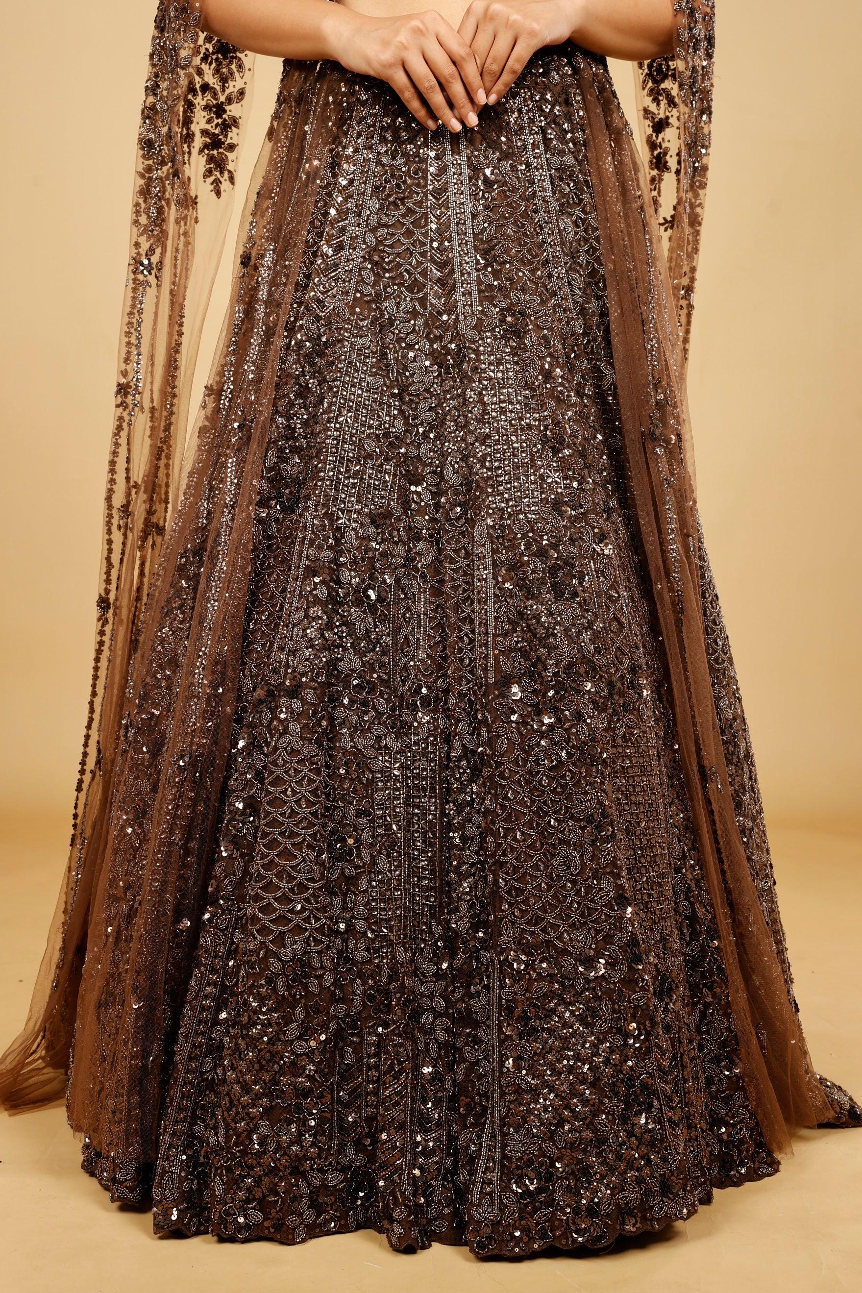 Brown Net Lehenga Set with Sequin, Kutdana & Pearl Embroidery - Mokshaa