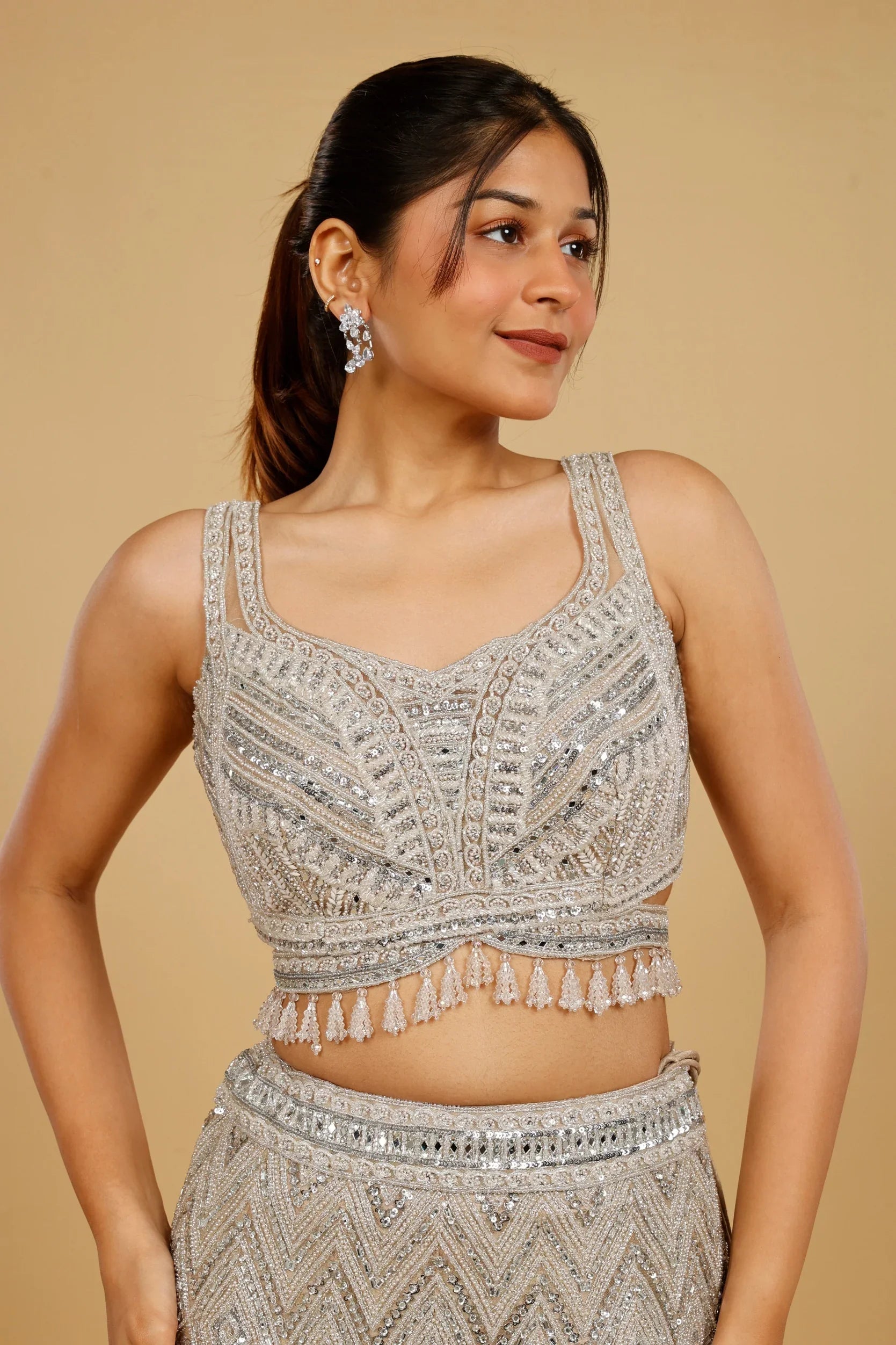 Champagne Net Mermaid Lehenga Set with Mirror, Pearl & Sequin Embroidery - Mokshaa