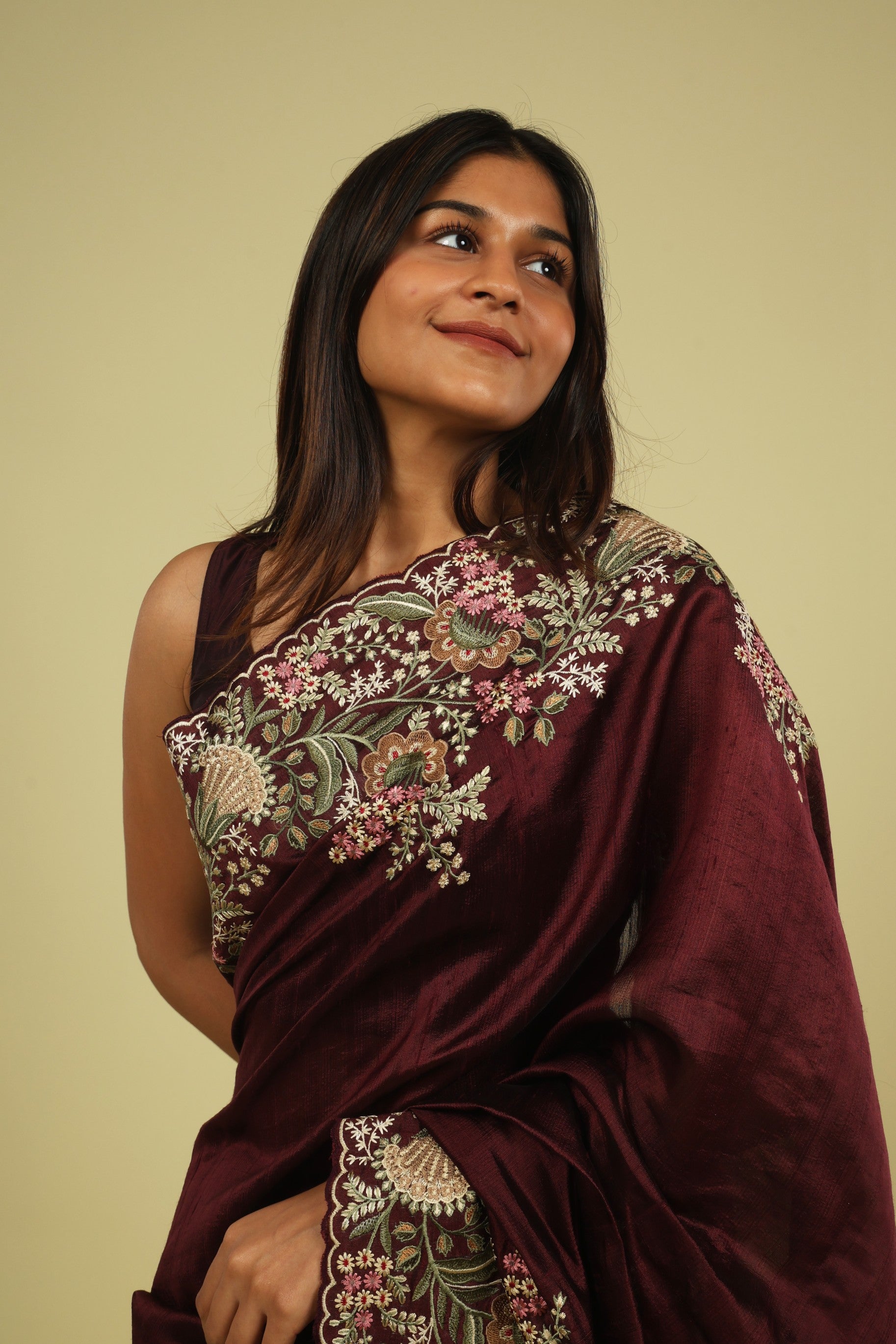 Dark Wine Handloom Tussar Saree with Multi-Thread Embroidered Border - Mokshaa