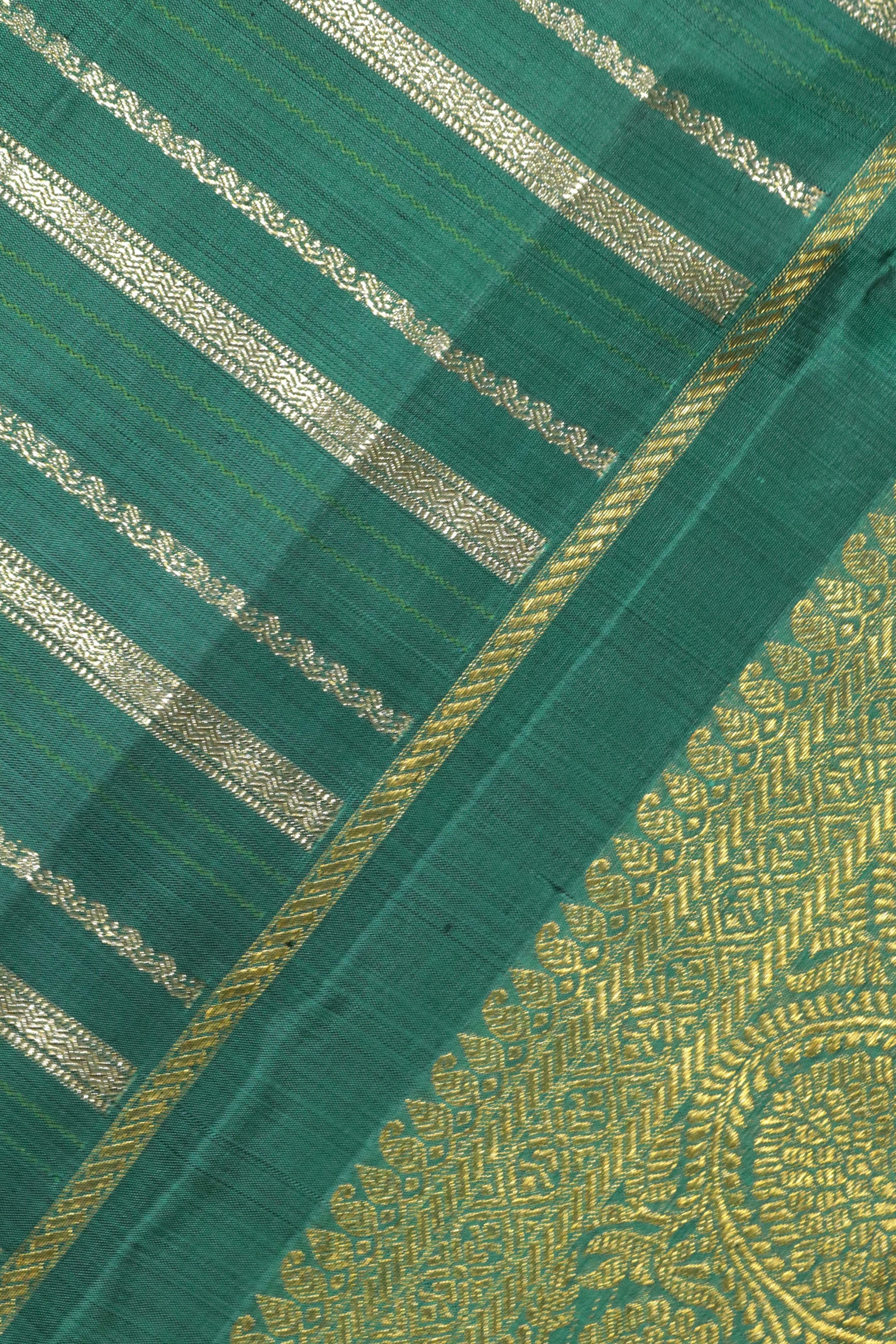 Teal Blue Kanchipuram Silk Saree with Silver Zari Stripes and Zari Border - Mokshaa
