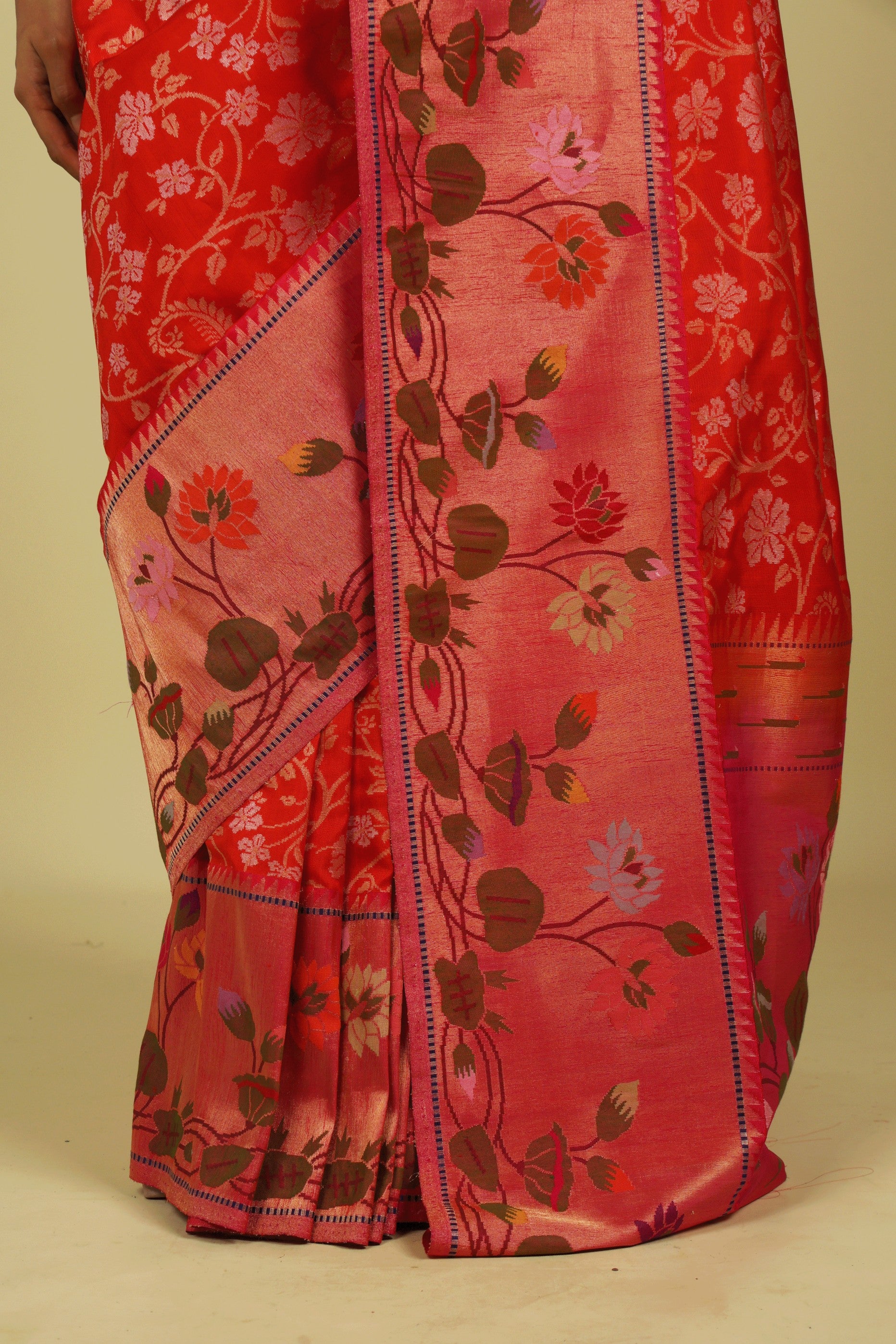 Orange Banarasi Silk Saree with Gold & Silver Zari Jaal and Jamdani Border - Mokshaa