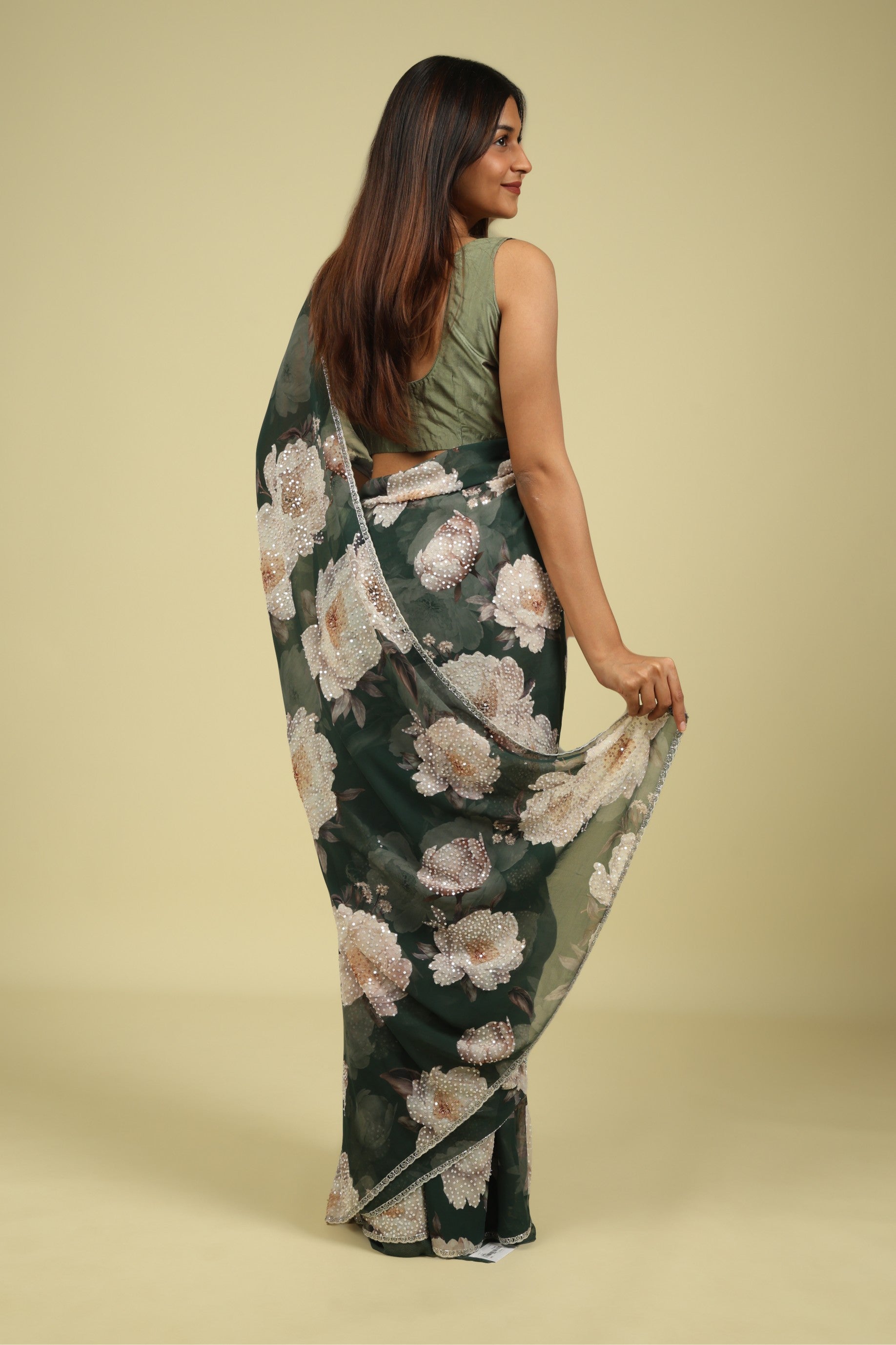 Dusty Green Saree with All-Over Digital Print & Sequin Highlights - Mokshaa
