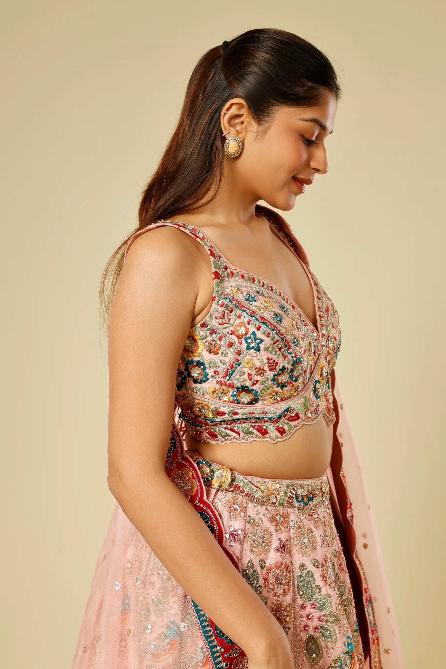 Blush Pink Silk Lehenga Set with Zari, Sequin & Stone Embroidery - Mokshaa