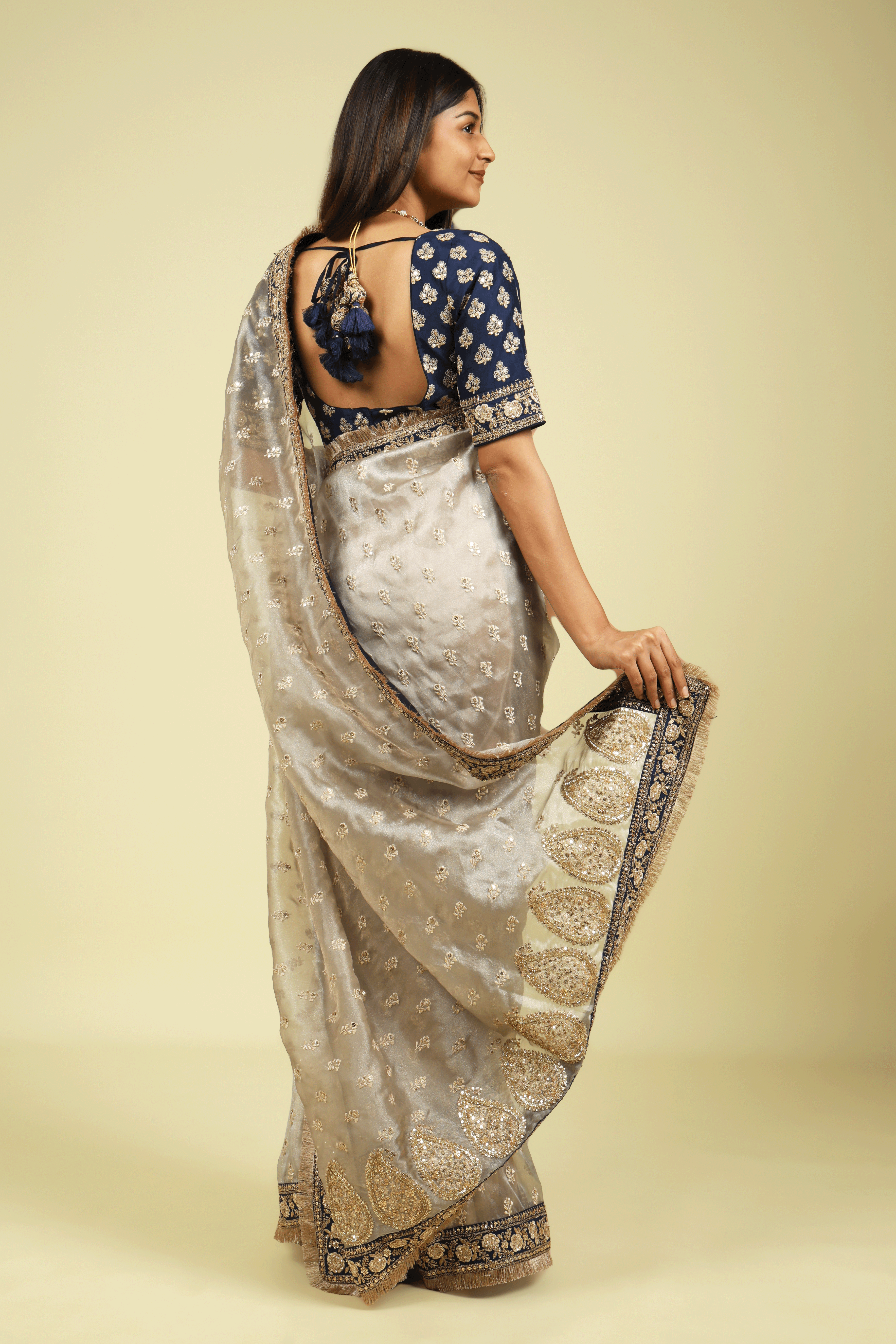 Silver Tissue Saree with Thread Motifs, Sequin Highlights & Contrast Embroidered Border - Mokshaa