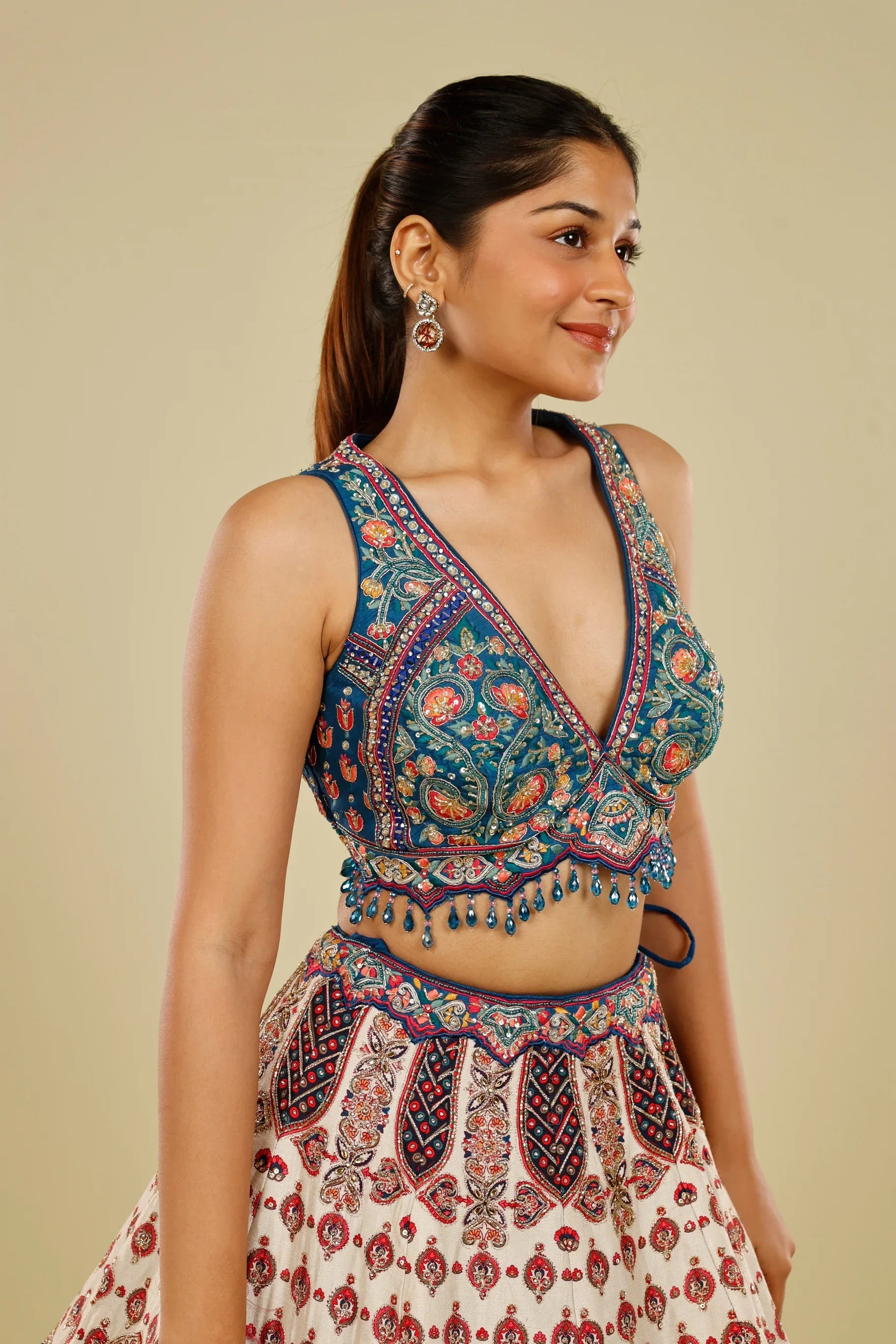 Blue Multicolour Printed Silk Lehenga Set with Zari, Sequin & Cutdana Highlights - Mokshaa