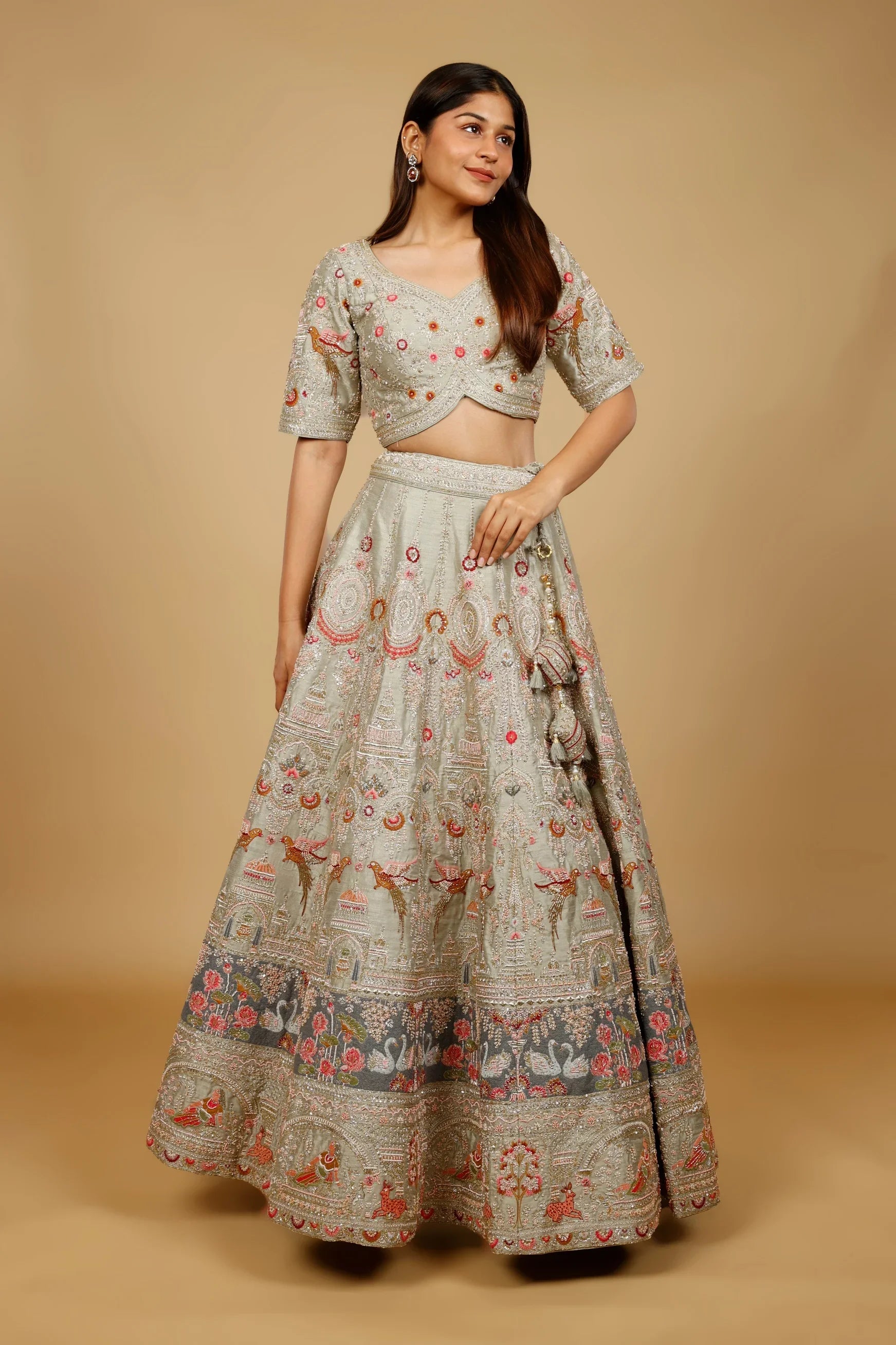 Sage Green Raw Silk Bridal Lehenga Set with Zardozi, Cutdana & Pearl Embroidery - Mokshaa
