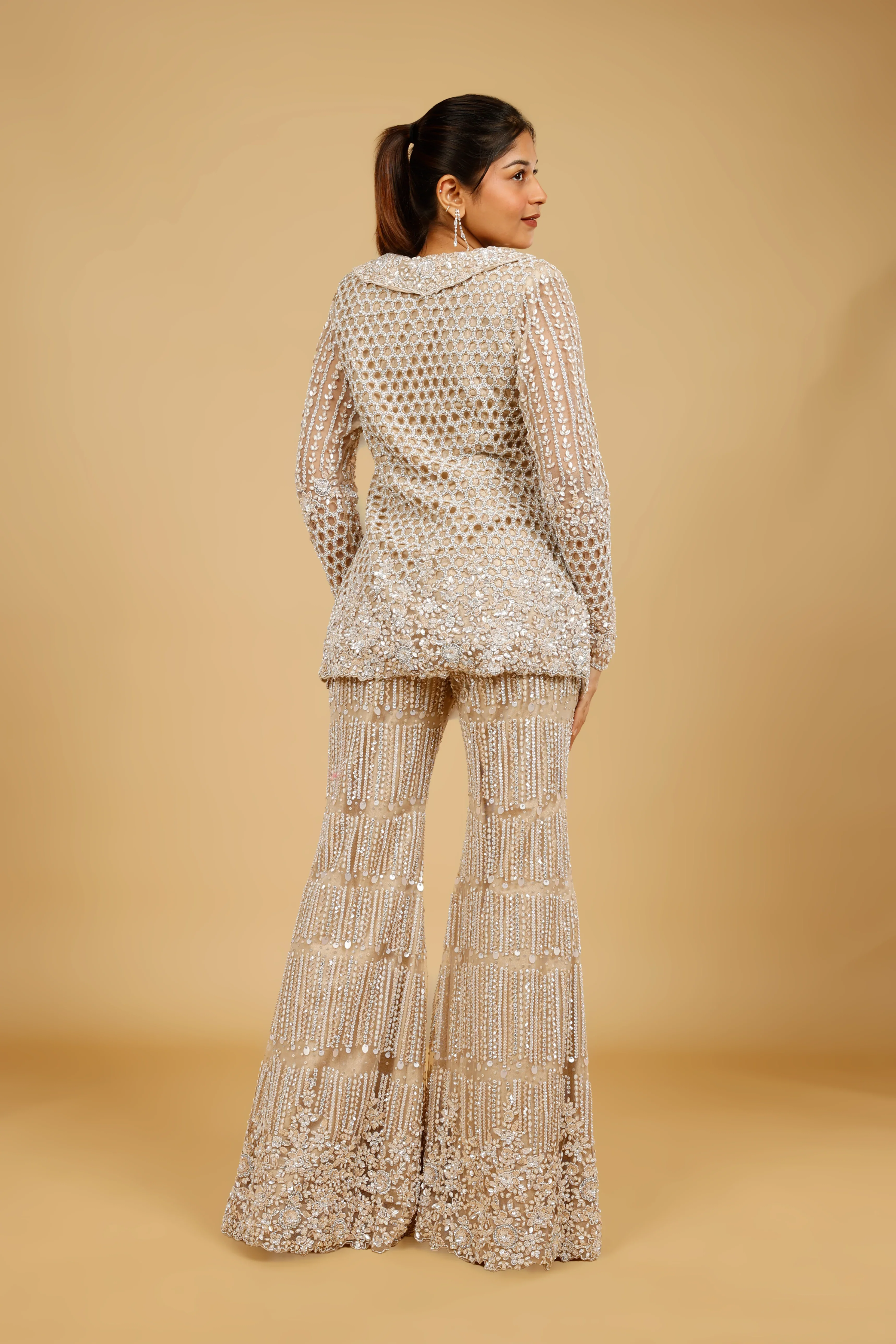 Champagne Net Blazer-Style Embroidered Trouser Set - Mokshaa