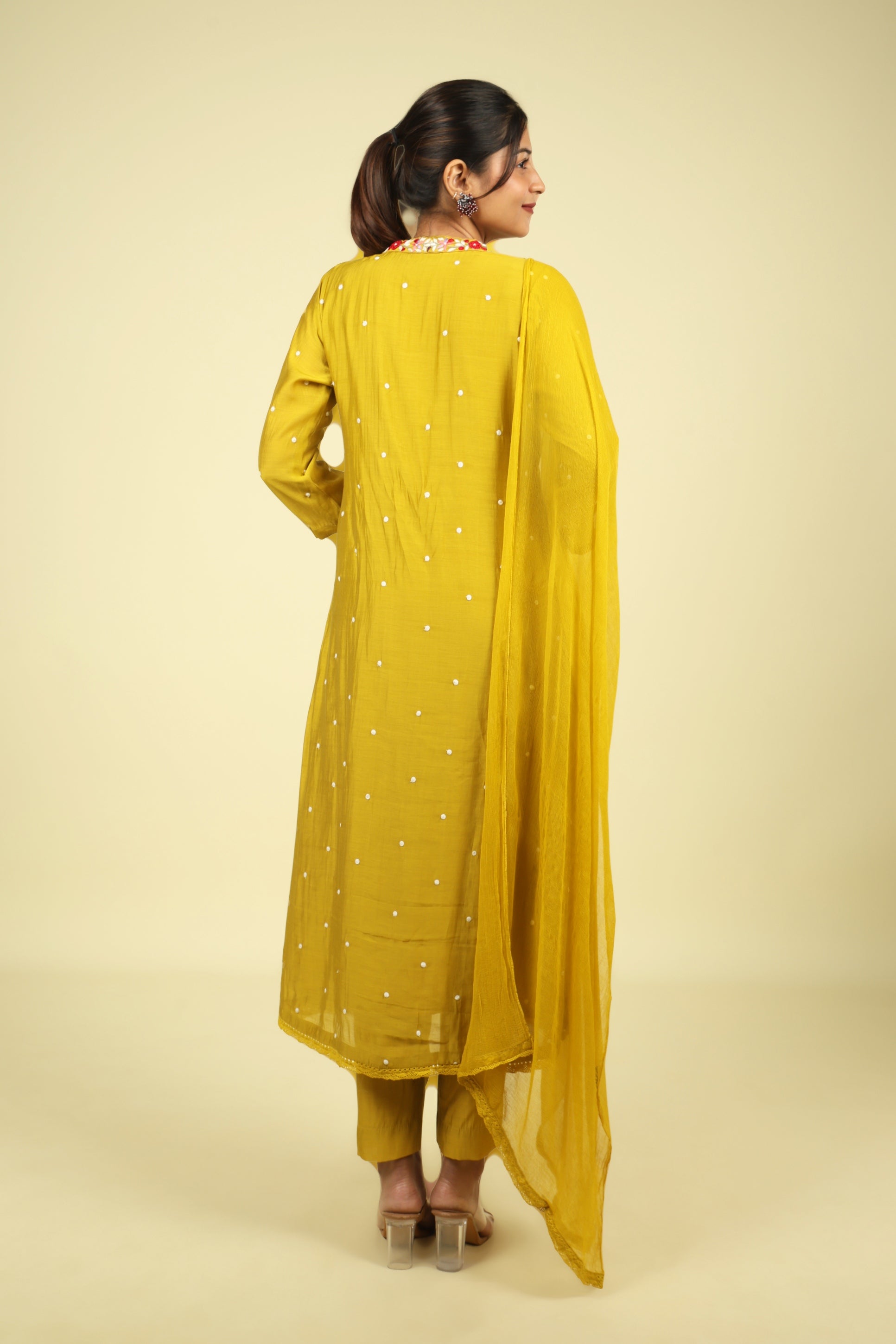 Yellow Mul Chanderi Straight Cut Salwar Set - Mokshaa