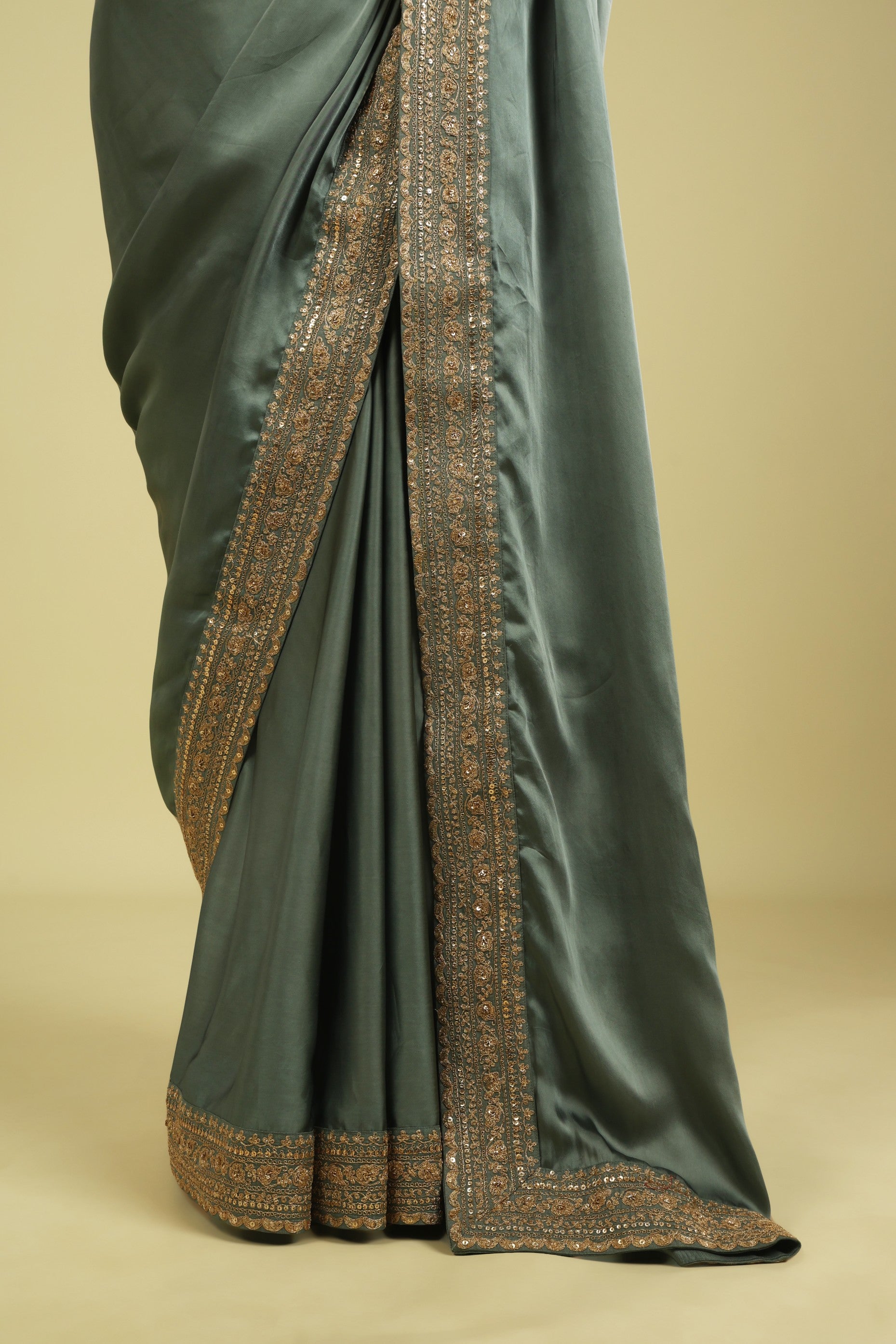 Powder Blue Satin Saree with Zari Thread Border & Zari Motif Blouse - Mokshaa