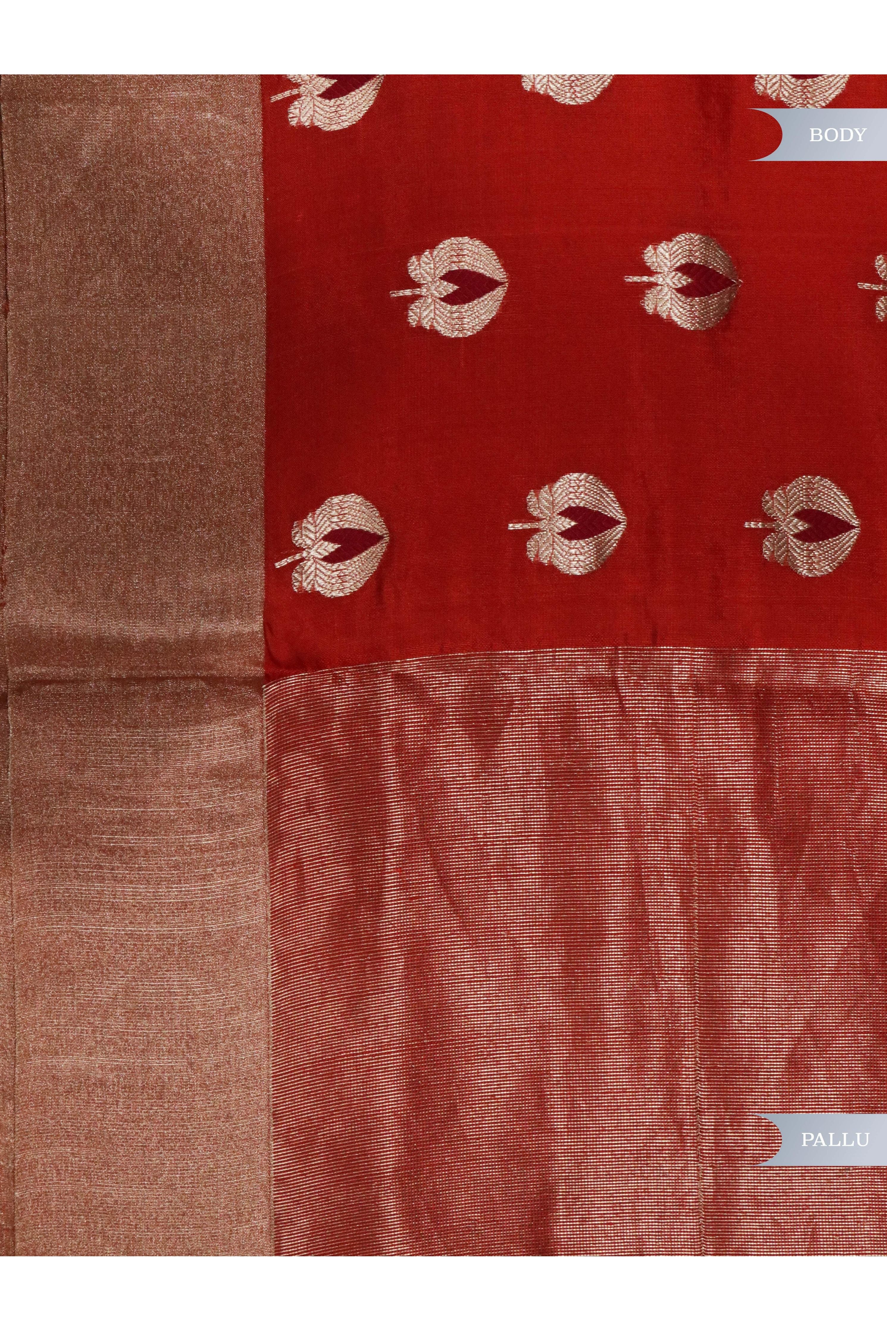 Orange Banarasi Chanderi Silk Saree with Silver & Thread Motifs - Mokshaa