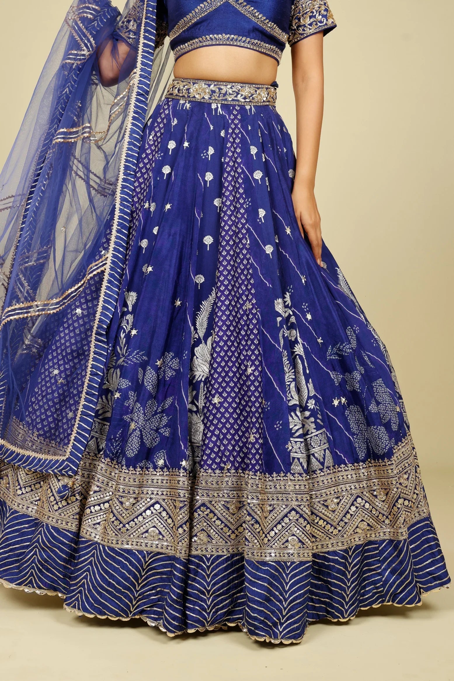 Royal Blue Printed Crepe Silk Lehenga Set with Zardozi & Gota Embroidery - Mokshaa