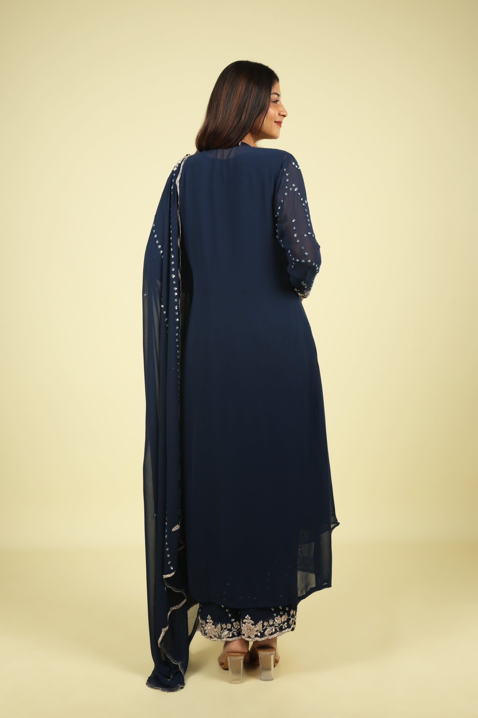 Navy Blue Georgette Anarkali Set with Cape & Dupatta - Mokshaa
