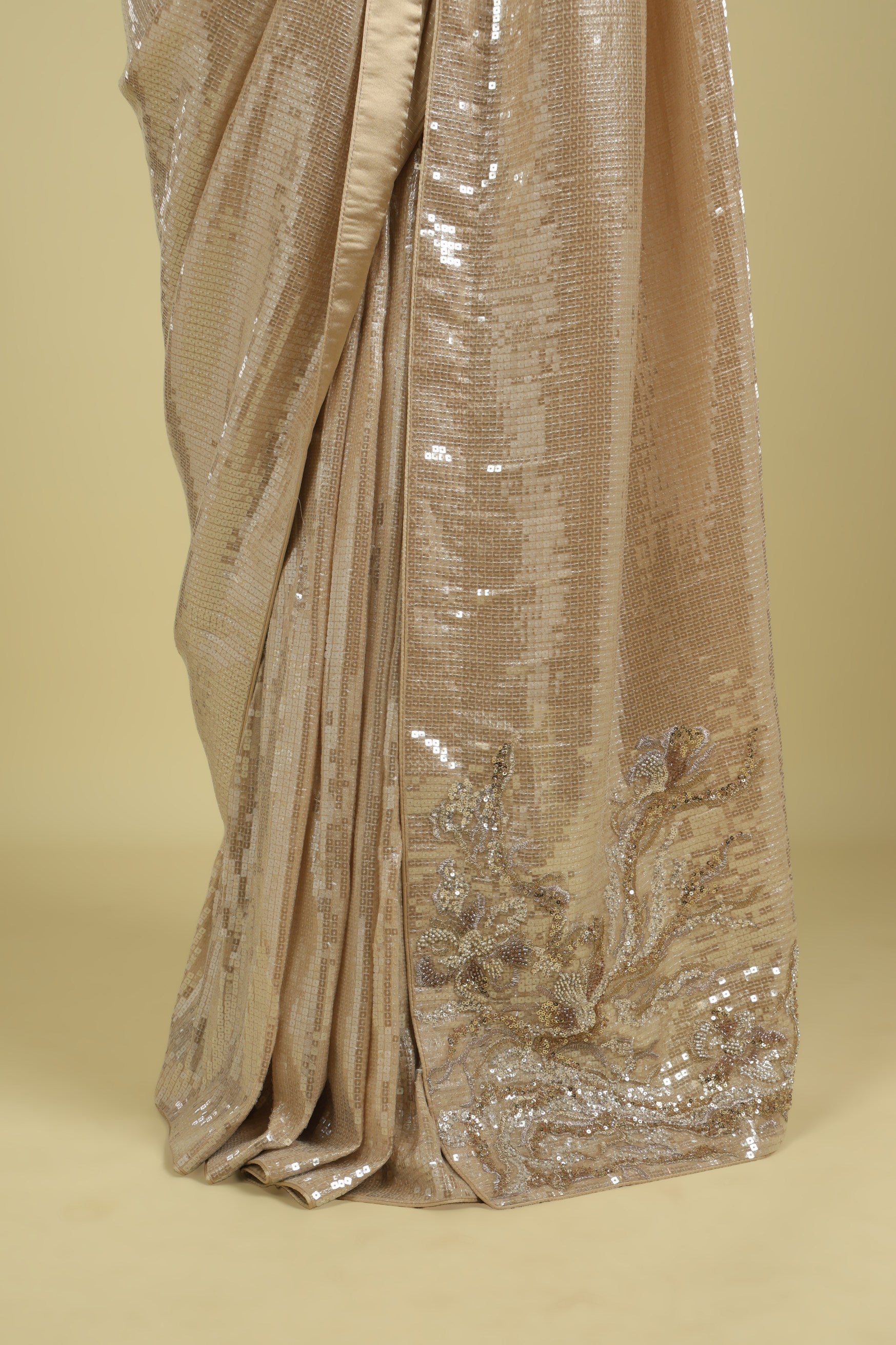 Beige Net Saree with All-Over Self Sequins & Fancy Sequin Border - Mokshaa