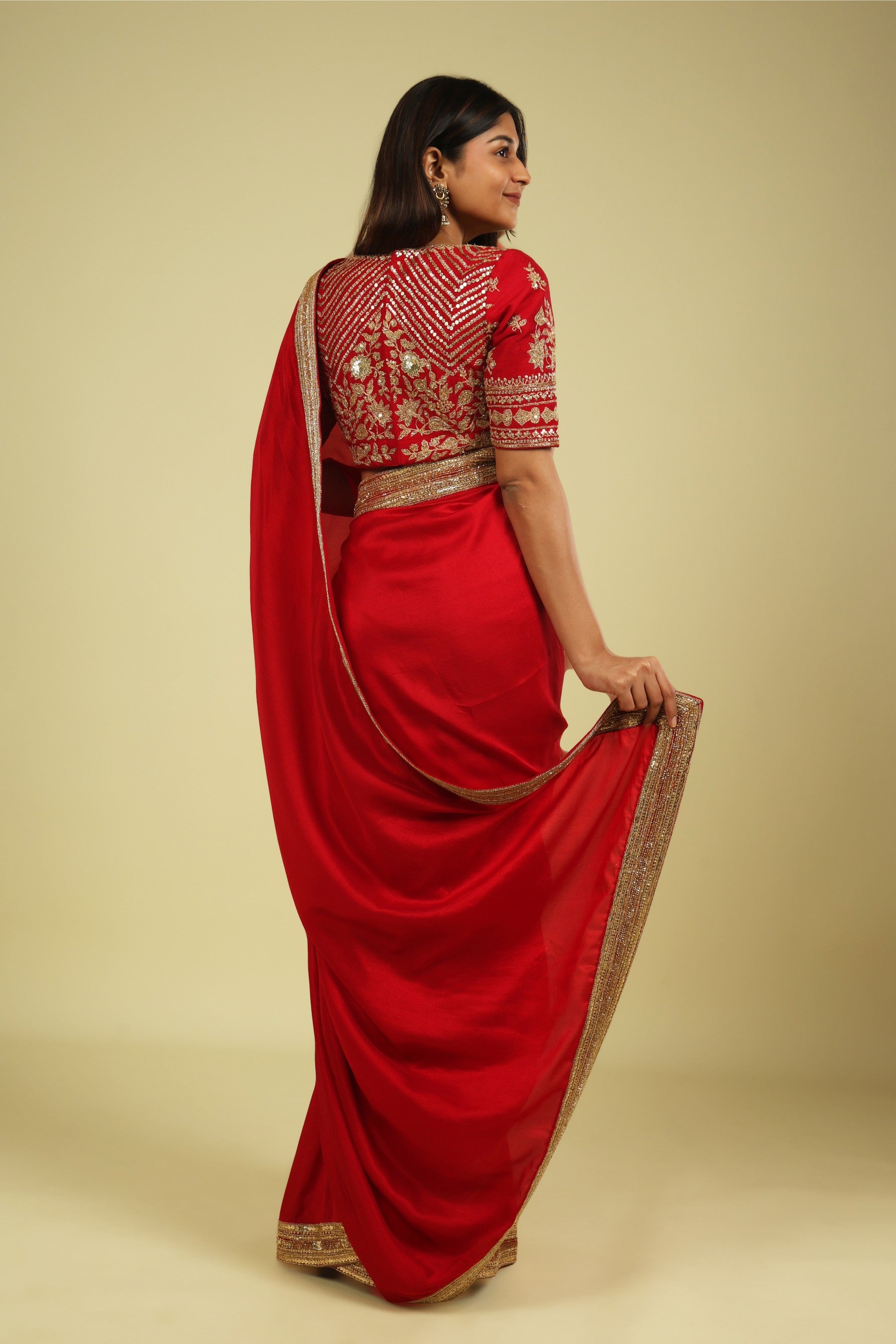 Red Tussar Georgette Saree with Bead & Sequin Border - Mokshaa