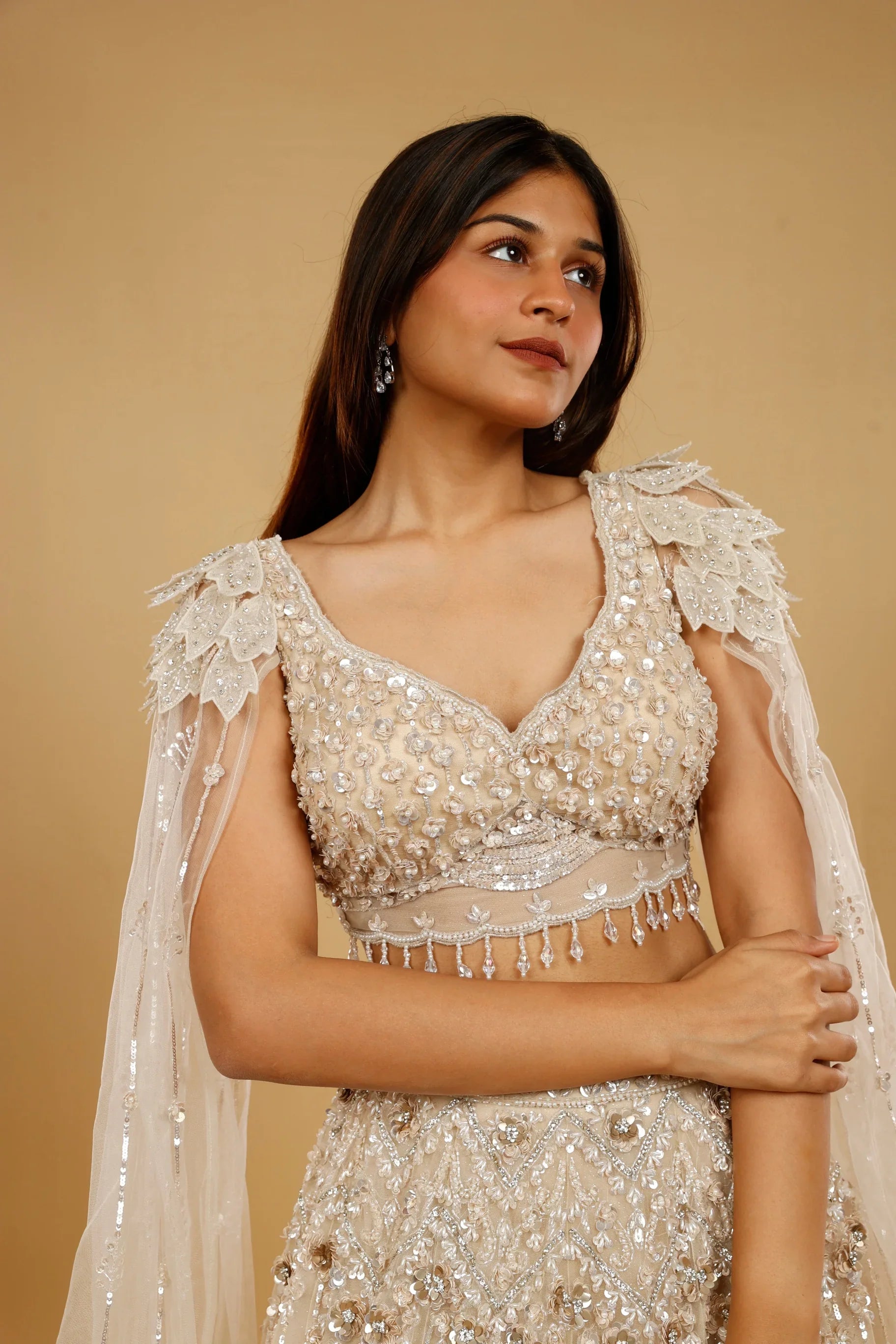 Beige Gold Net Lehenga Set with Sequin, Cutdana & Stone Embroidery - Mokshaa