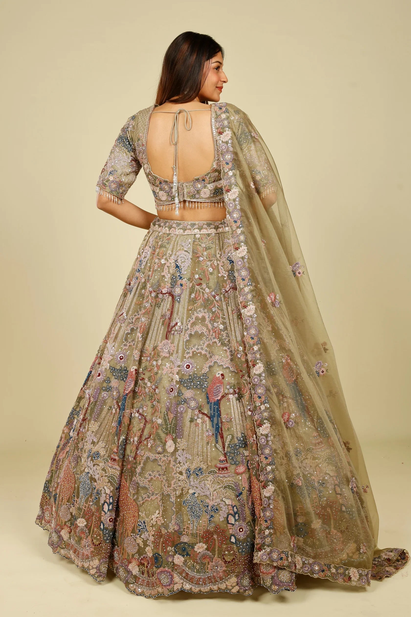 Olive Green Organza Embroidered Lehenga with Multicolour Zari, Sequins & Pearl Work - Mokshaa